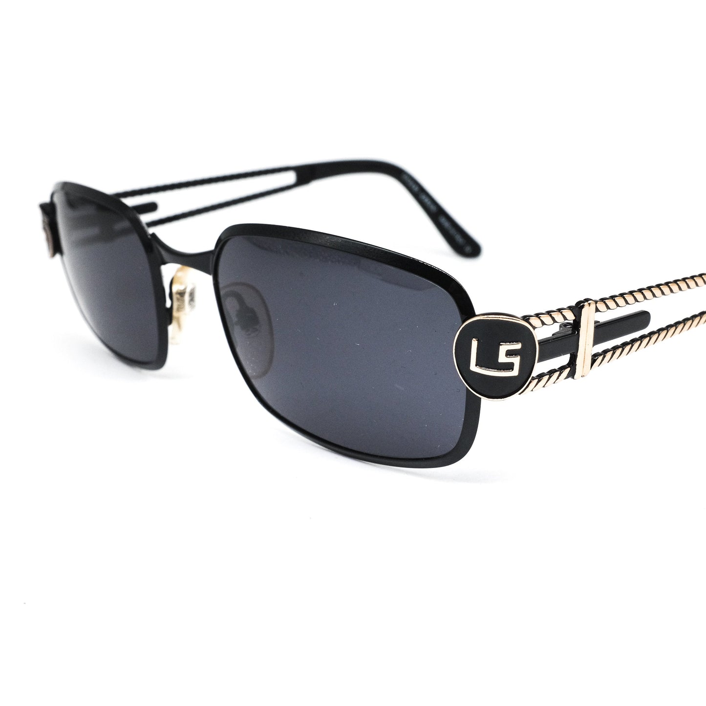 Luciano Soprani LS203 square metallic sunglasses with black rim and golden carved temples NOS made in italy 80s