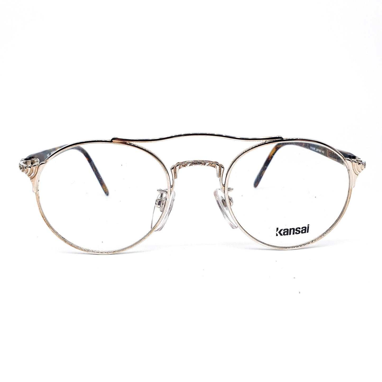 Kansai minimalist round metallic aviator metal eyeglasses with acetate tortoise temples made in Japan, 1980s NOS