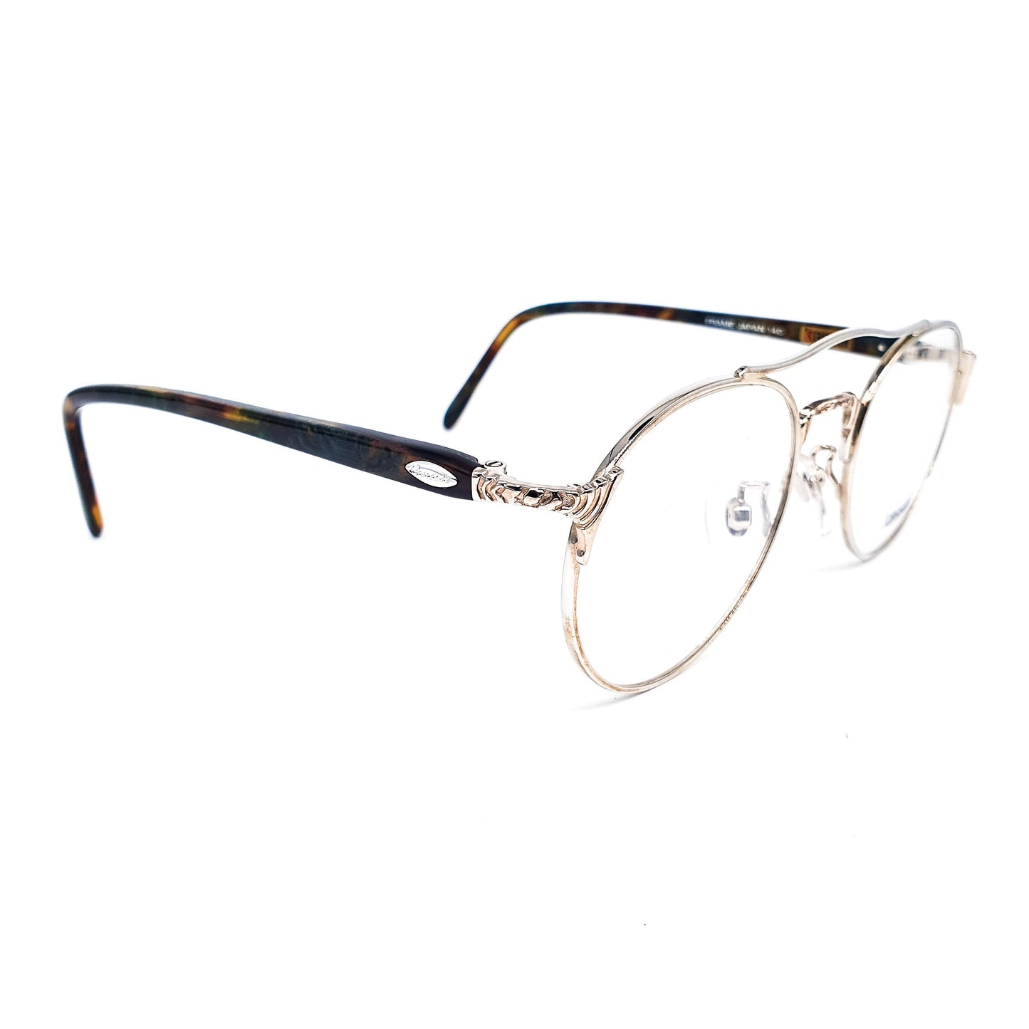 Kansai minimalist round metallic aviator metal eyeglasses with acetate tortoise temples made in Japan, 1980s NOS
