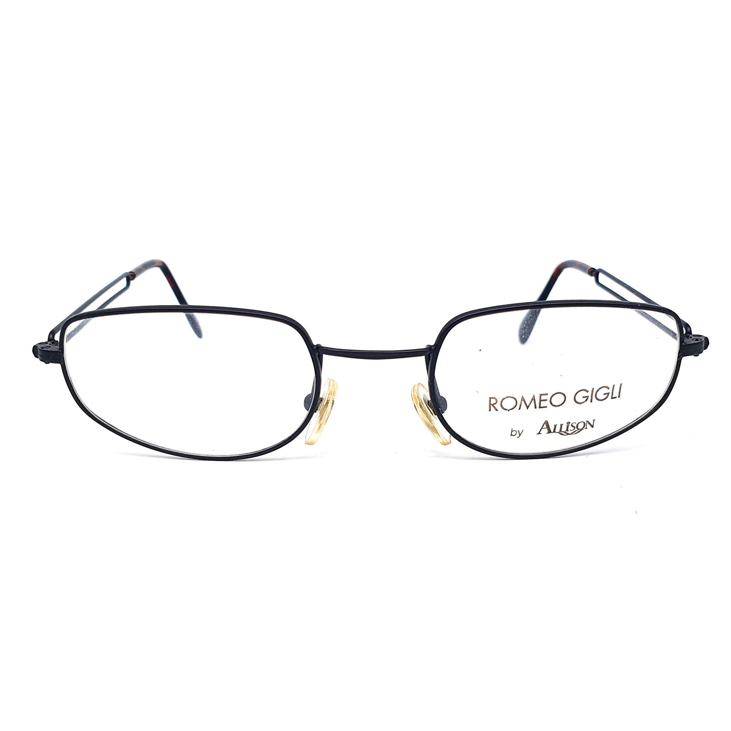Romeo Gigli RG83 minimal square metal eyeglasses frame with cutoff temples design, in gunmetal grey or black, NOS 80s Italy