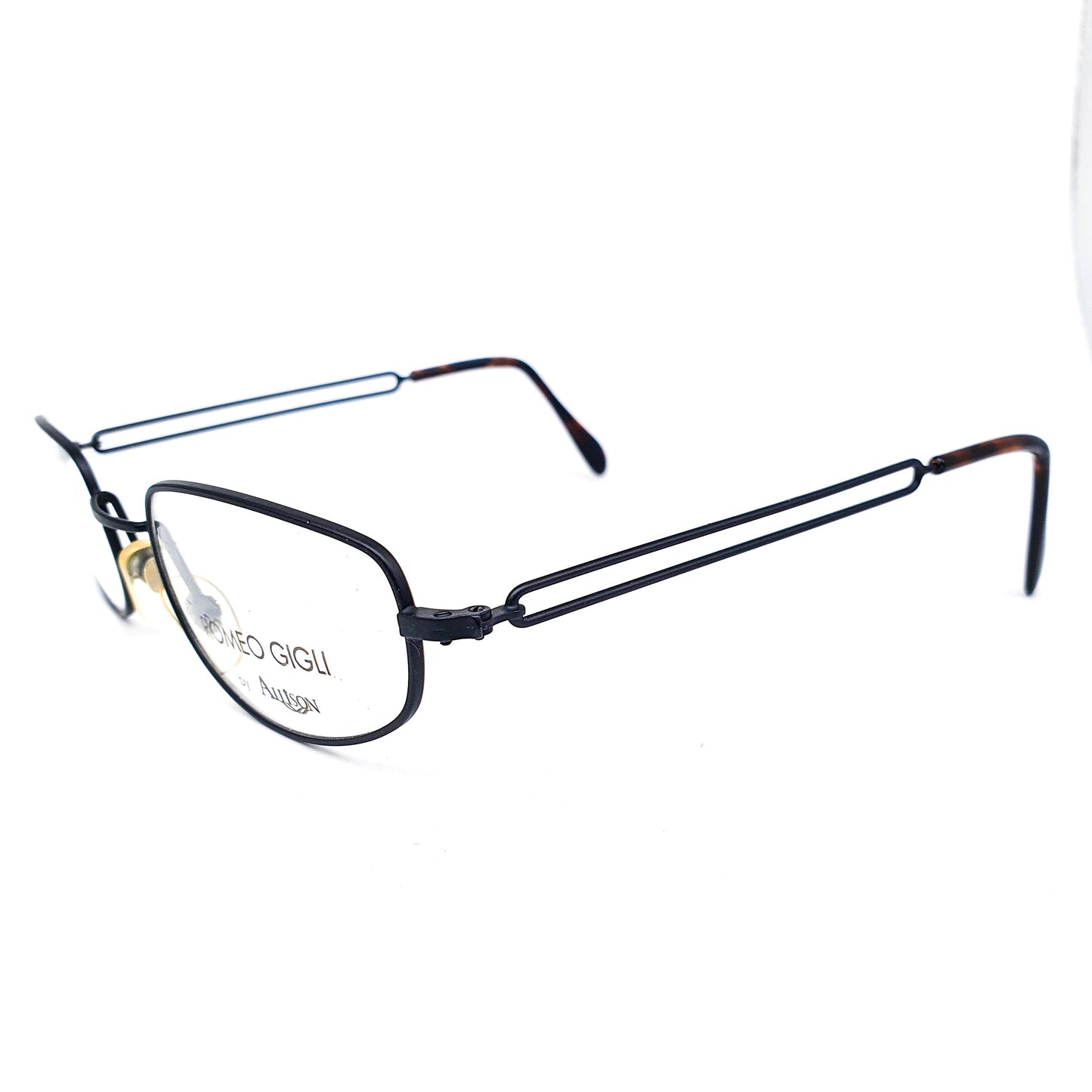 Romeo Gigli RG83 minimal square metal eyeglasses frame with cutoff temples design, in gunmetal grey or black, NOS 80s Italy