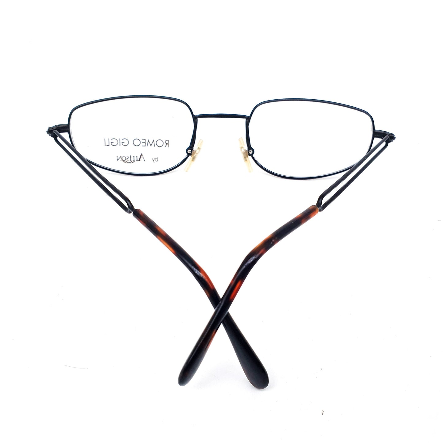 Romeo Gigli RG83 minimal square metal eyeglasses frame with cutoff temples design, in gunmetal grey or black, NOS 80s Italy