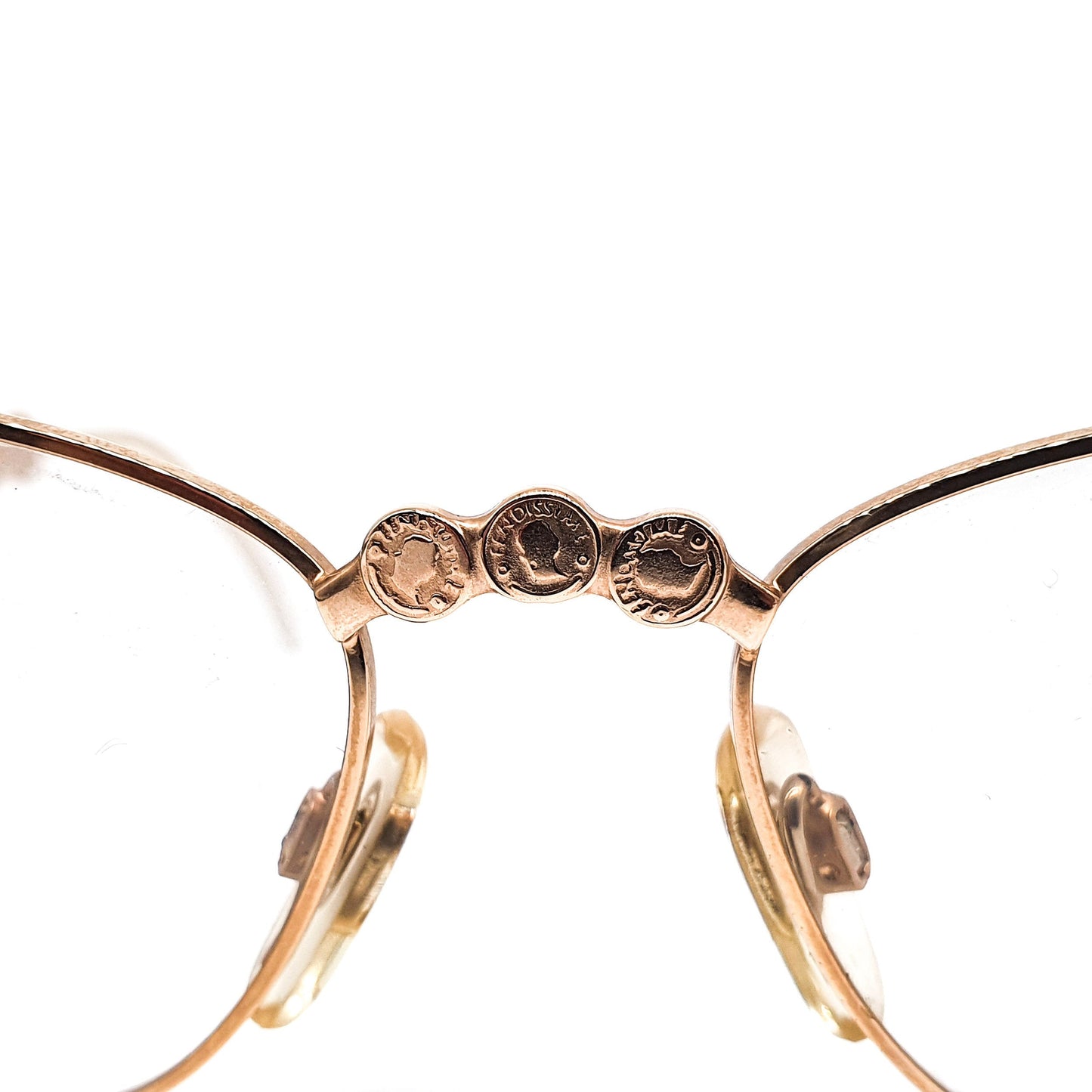 Fendi satin gold eyeglasses frames with outstanding set of coins on the bridge and temples, Italy 90s NOs
