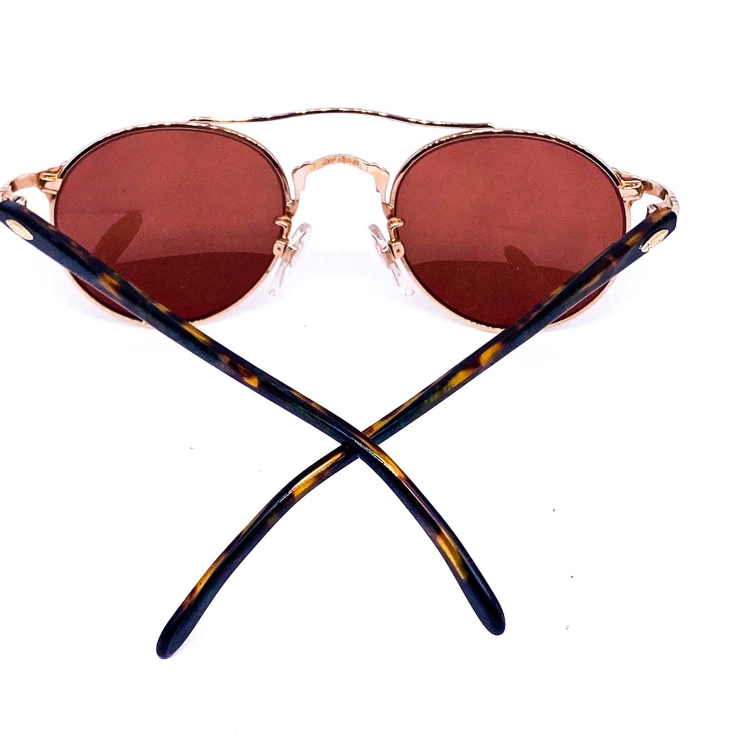 Kansai minimalist round golden metallic aviator sunglasses with acetate tortoise temples made in Japan, 1980s NOS