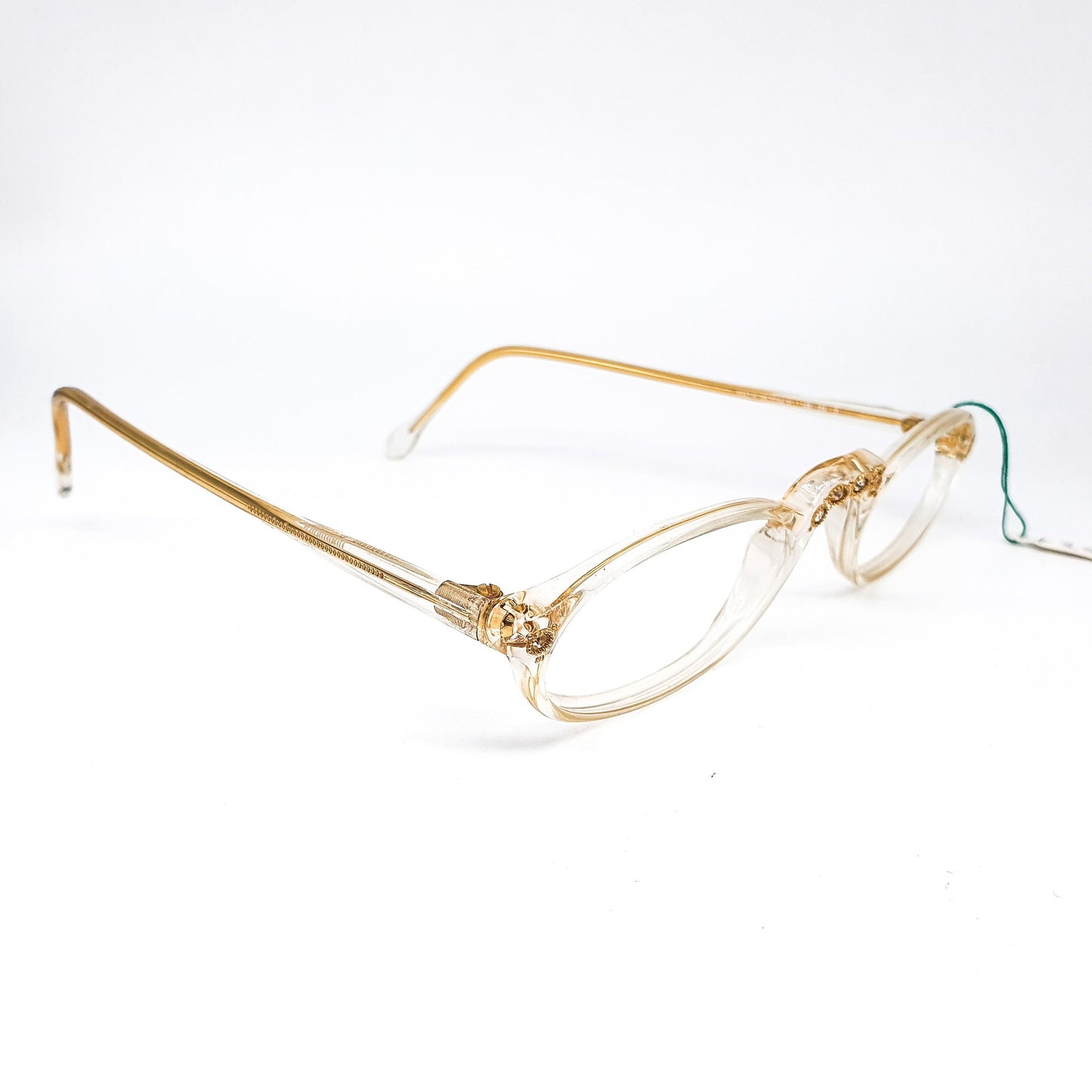 Jewelled half moon reading glasses with gold framed rhinestones on the nose bridge and hinges, Gambini, 80s NOS