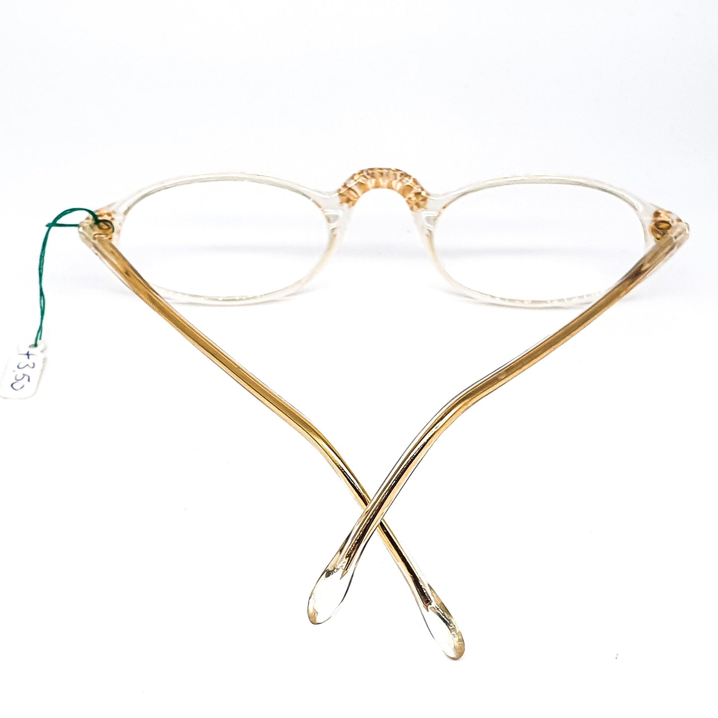 Jewelled half moon reading glasses with gold framed rhinestones on the nose bridge and hinges, Gambini, 80s NOS