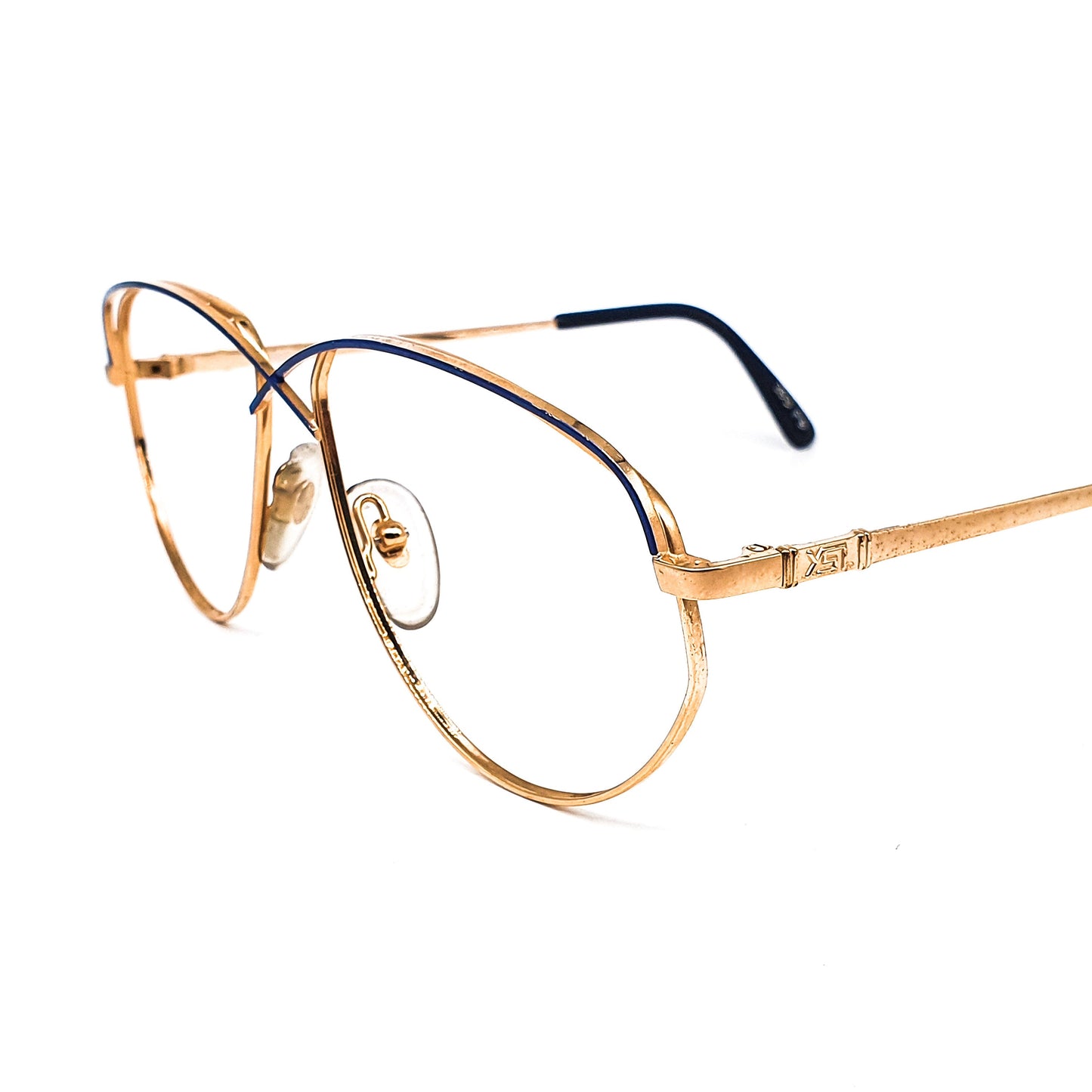 YSL Saint Laurent 393 large silm golden metallic droplet eyeglasses frames with unusual black crossed nose bridge design, 1980s NOS France.