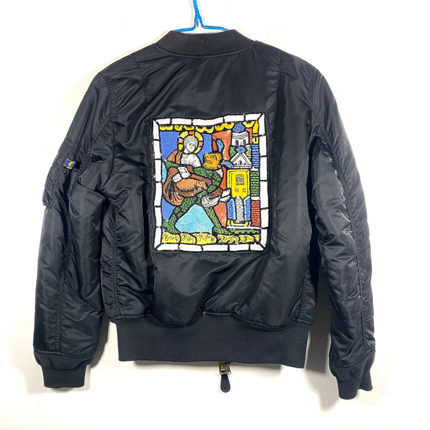 Alpha Industries reversible One of a kind cathedral stained glass Jesus / Satan hand embroidered bomber jacket