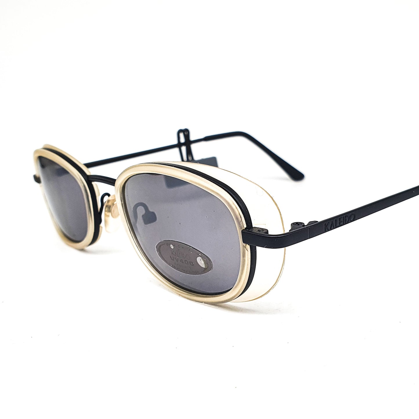 Kaleido 6652-40 black metallic framed sunglasses with special designed pale yelloe translucent rim, 1980s NOS