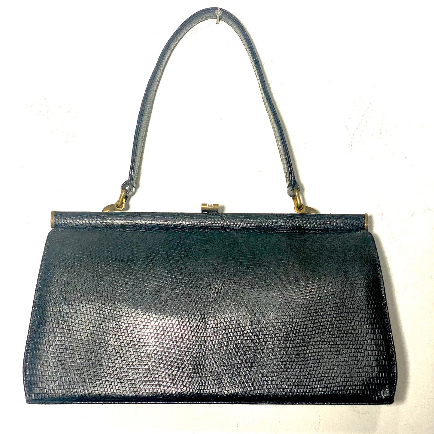 Black lizard hand bag with carved brass details, 1950s Italy great condition