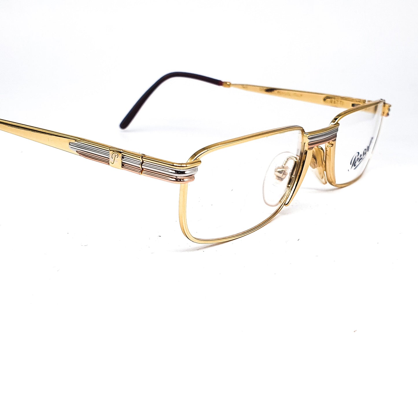 Persol Ratti Landor golden metallic square eyeglasses frames hand made in Italy with special nose bridge and hinges, 1980s NOS