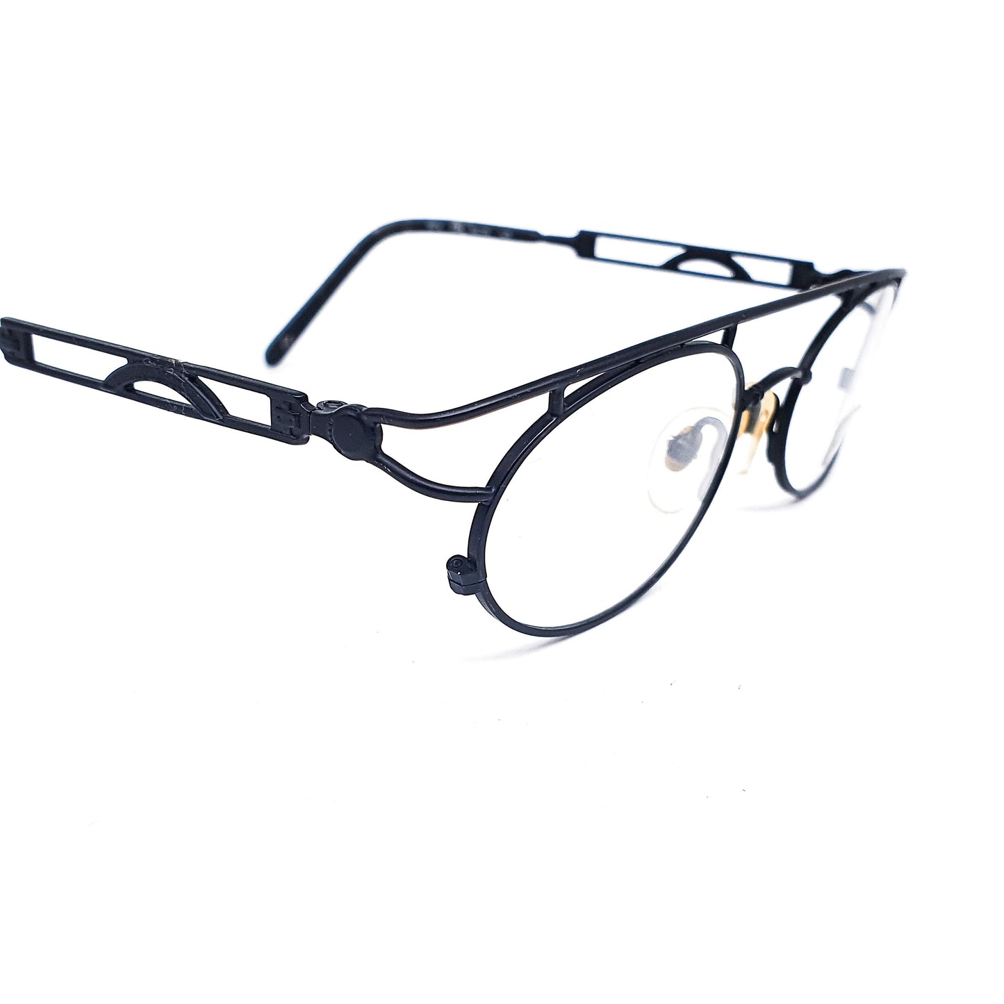 Moxxi Mato by Visibilia vintage black steampunk oval metallic eyeglasses frames with special flat browline NOS 1970s