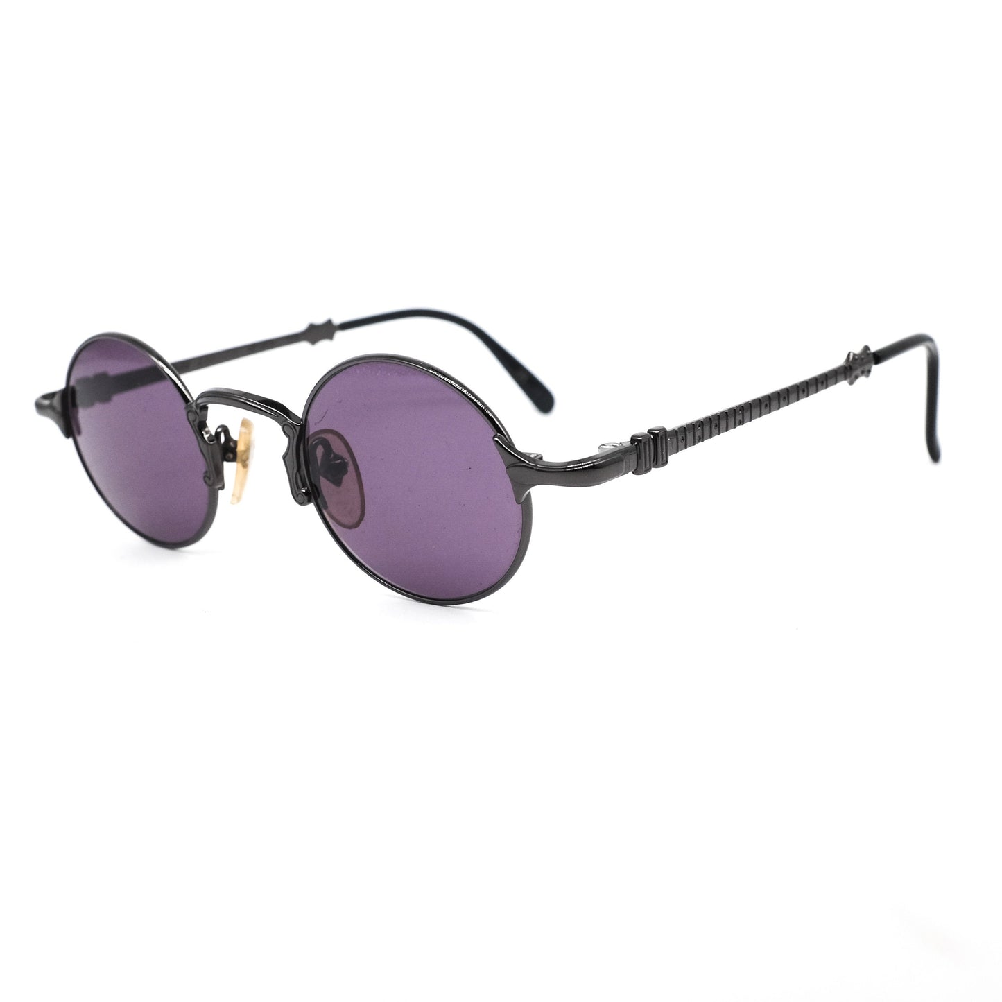 Junior Gaultier 57-4175 vintage Victorian steampunk style round sunglasses in glossy black metal, mint condition Made in Japan