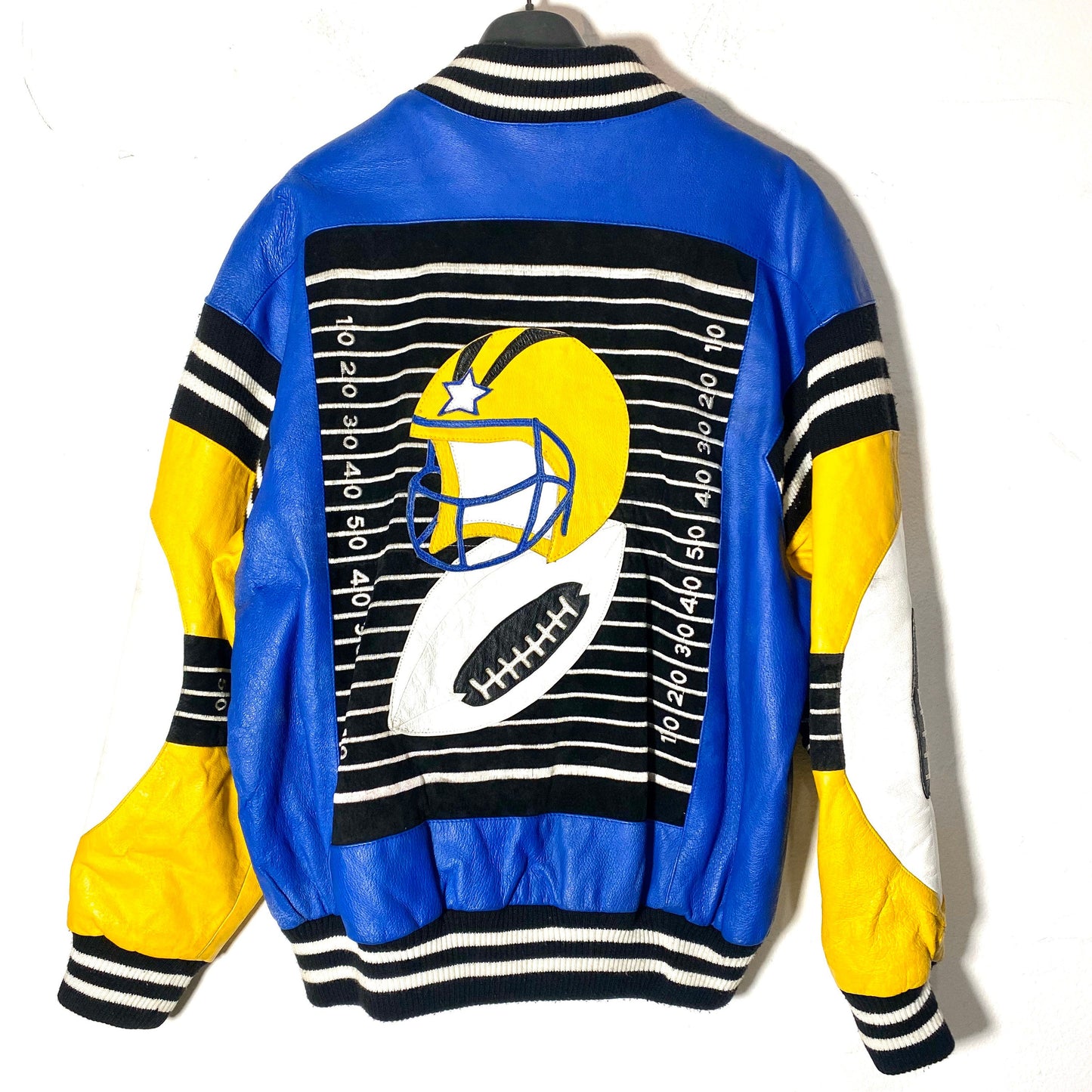 Leather varsity bomber jacket with outstanding American Footbal themed details, Minty 80s USA