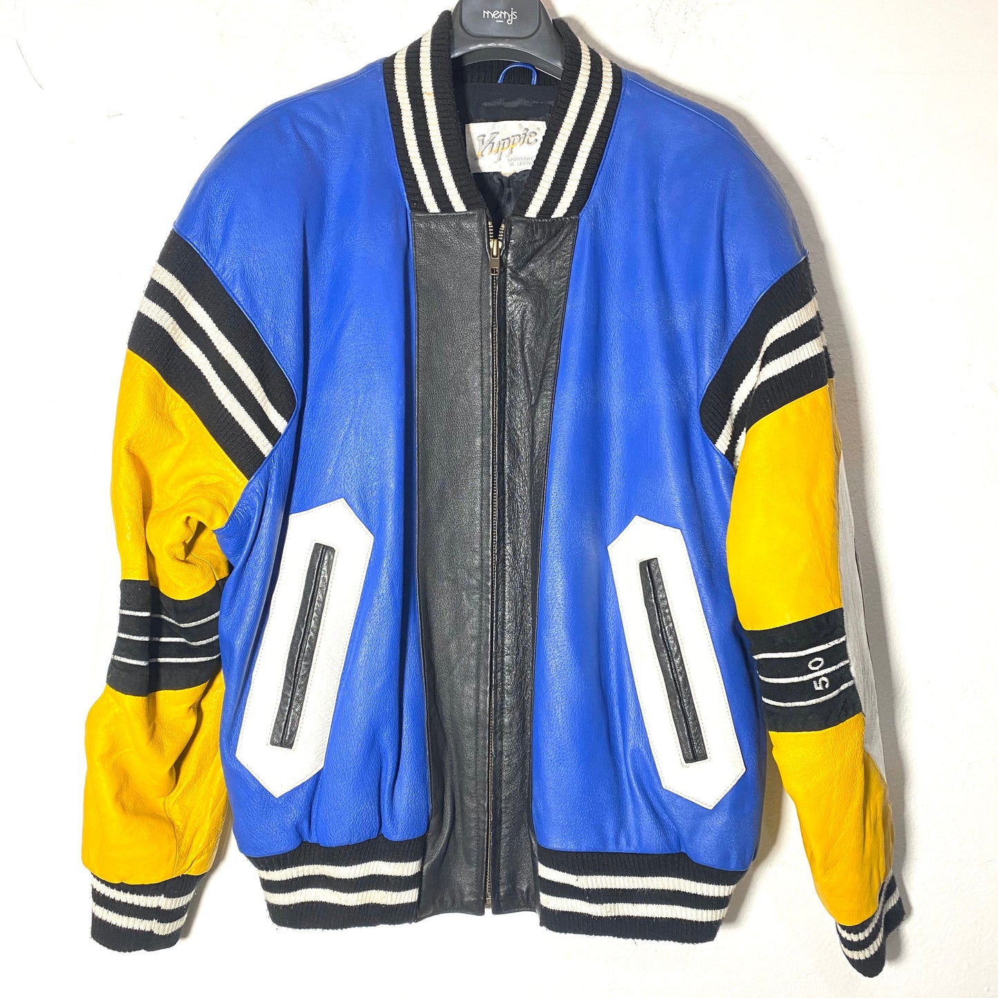 Leather varsity bomber jacket with outstanding American Footbal themed details, Minty 80s USA