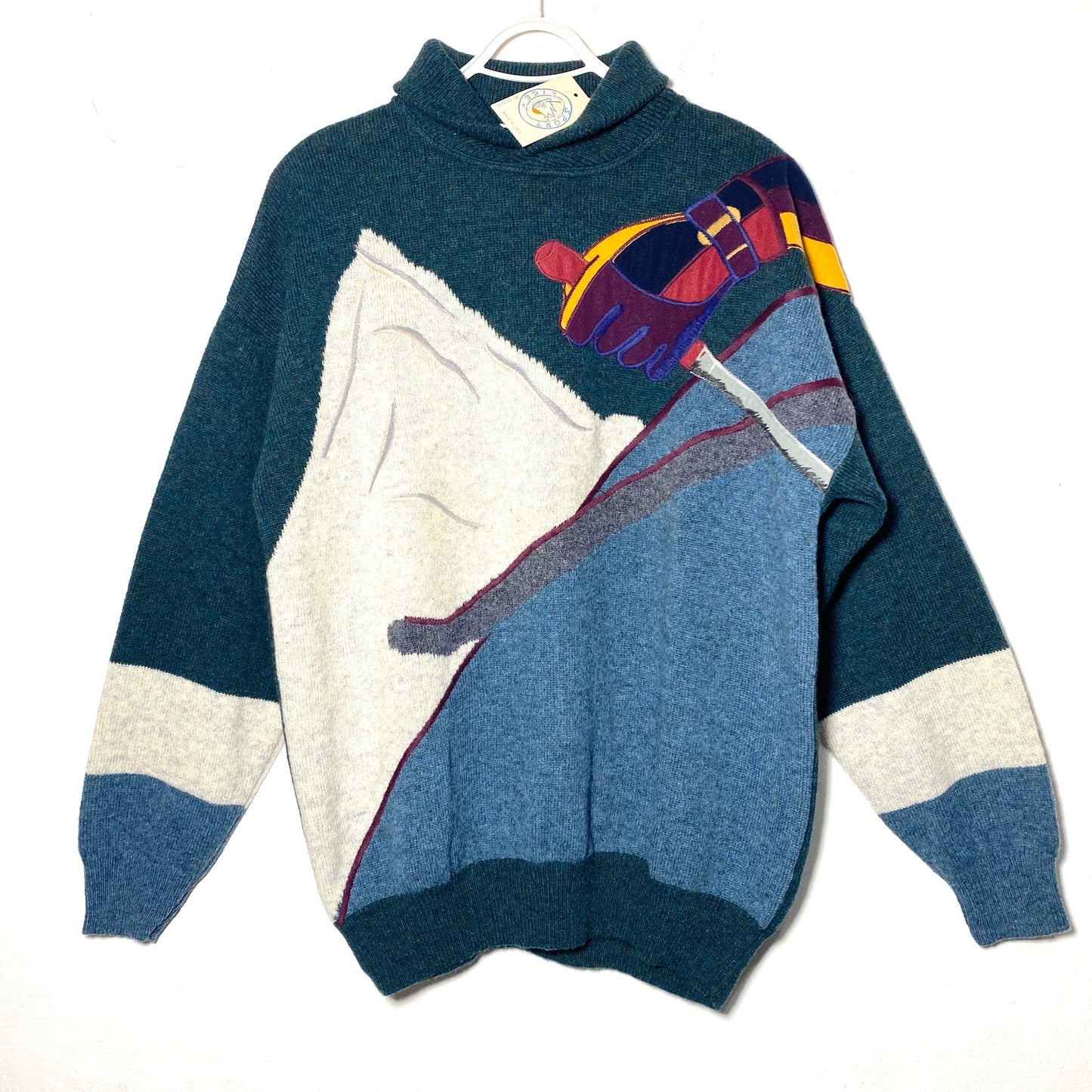 Iceberg NOS 90s cool mountain sky themed embroidered pure new wool winter jumper, mint condition with tags
