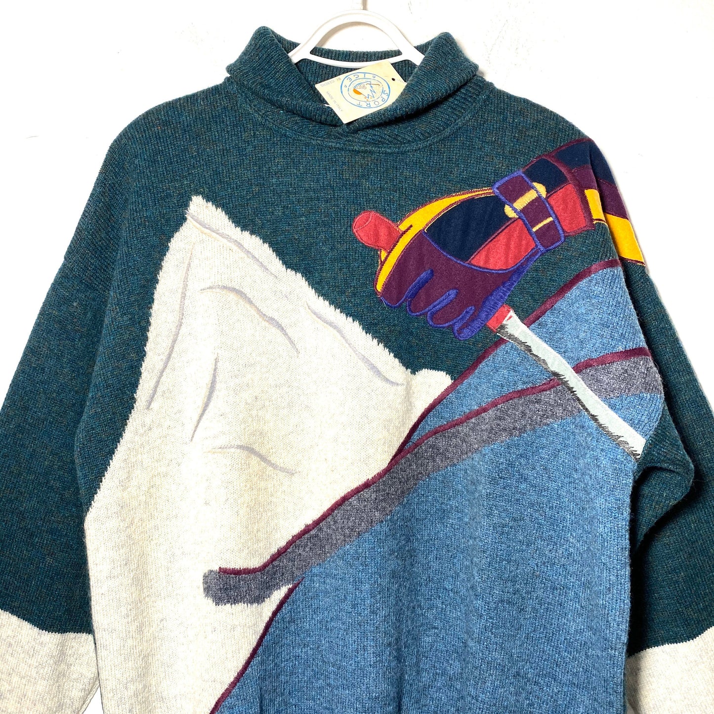 Iceberg NOS 90s cool mountain sky themed embroidered pure new wool winter jumper, mint condition with tags