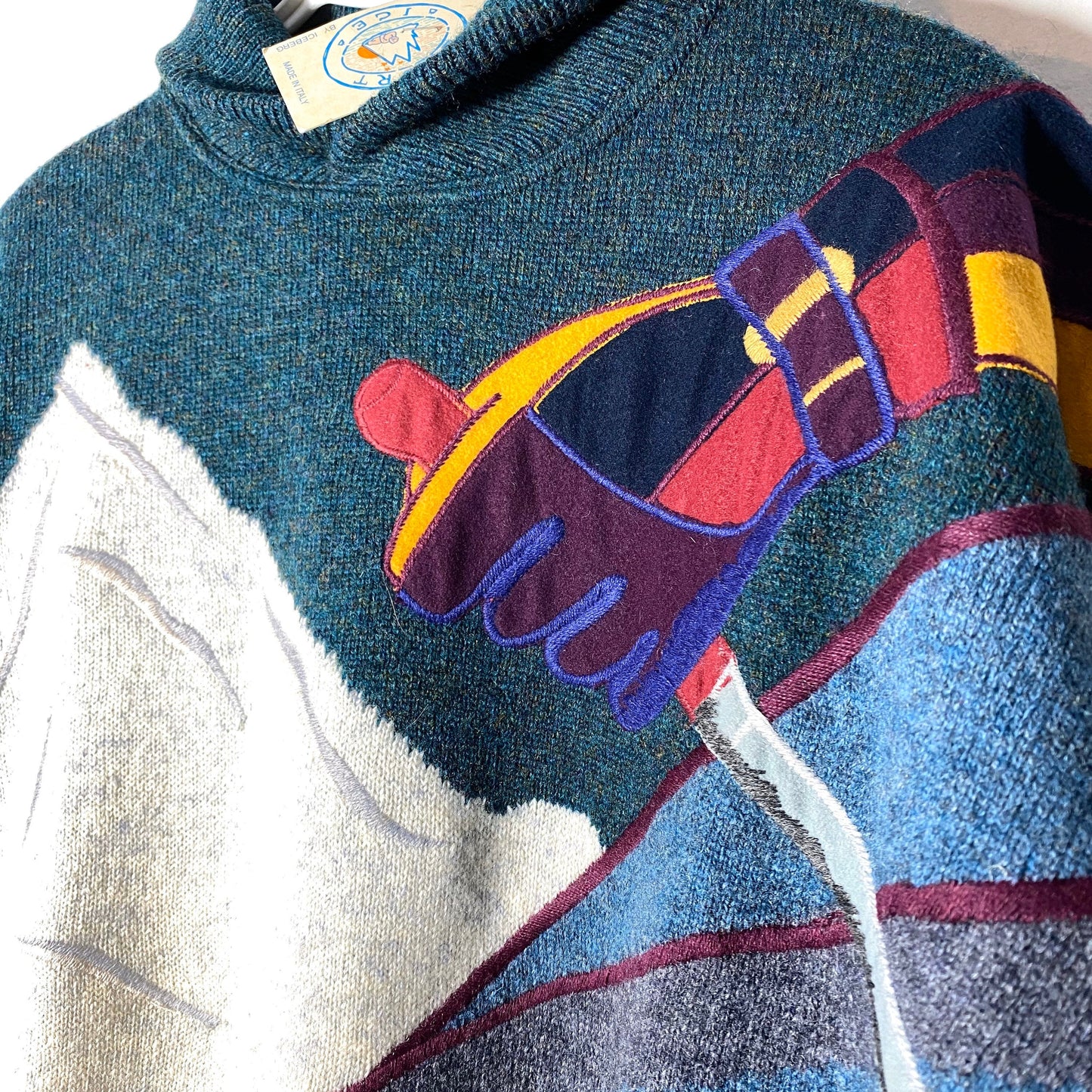 Iceberg NOS 90s cool mountain sky themed embroidered pure new wool winter jumper, mint condition with tags