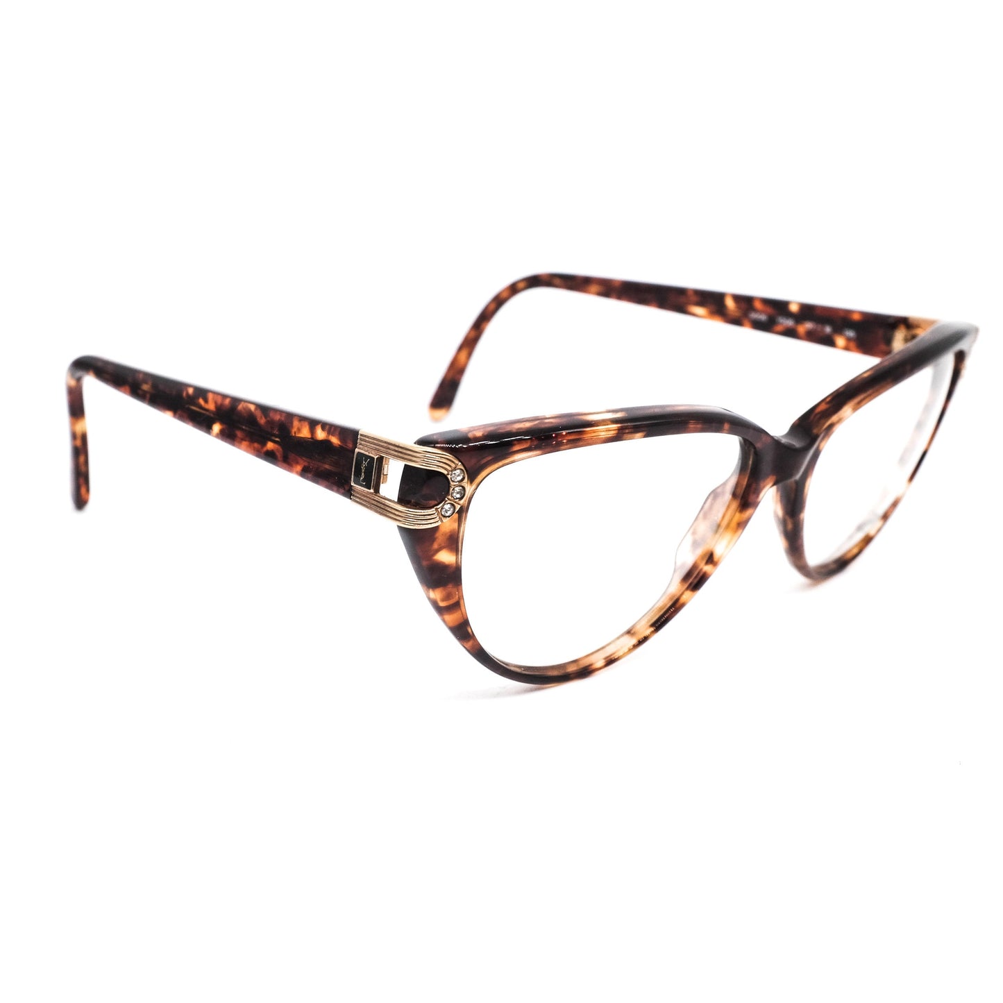 YSL Saint Laurent 5006 brown tortoise acetate cateye eyeglasses with cut off hinges design enriched with rhinestones, 80s nos Italy