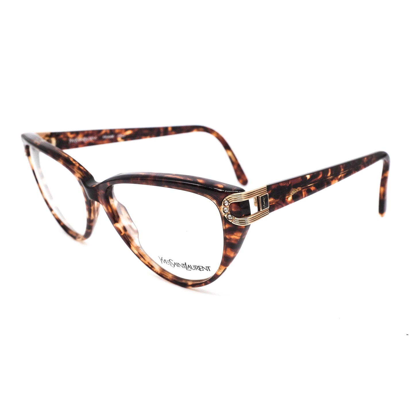 YSL Saint Laurent 5006 brown tortoise acetate cateye eyeglasses with cut off hinges design enriched with rhinestones, 80s nos Italy