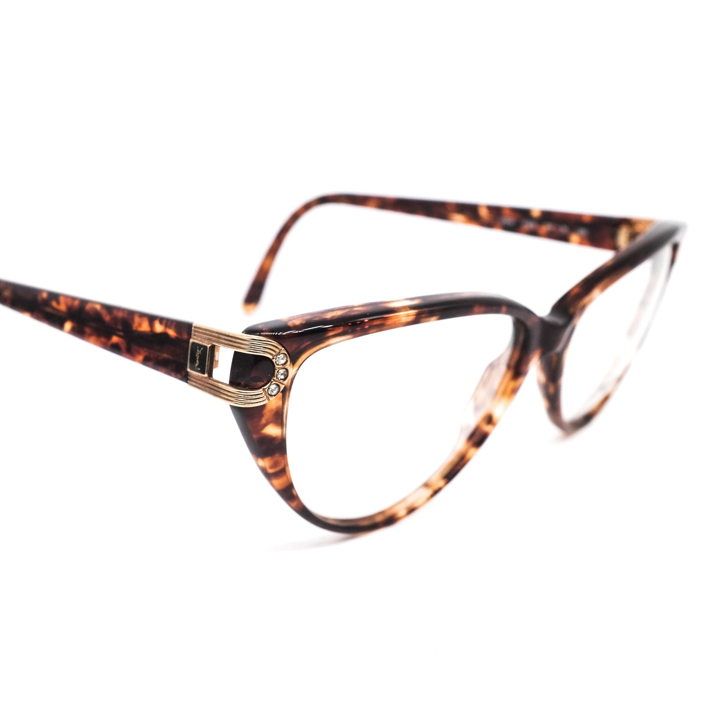 YSL Saint Laurent 5006 brown tortoise acetate cateye eyeglasses with cut off hinges design enriched with rhinestones, 80s nos Italy