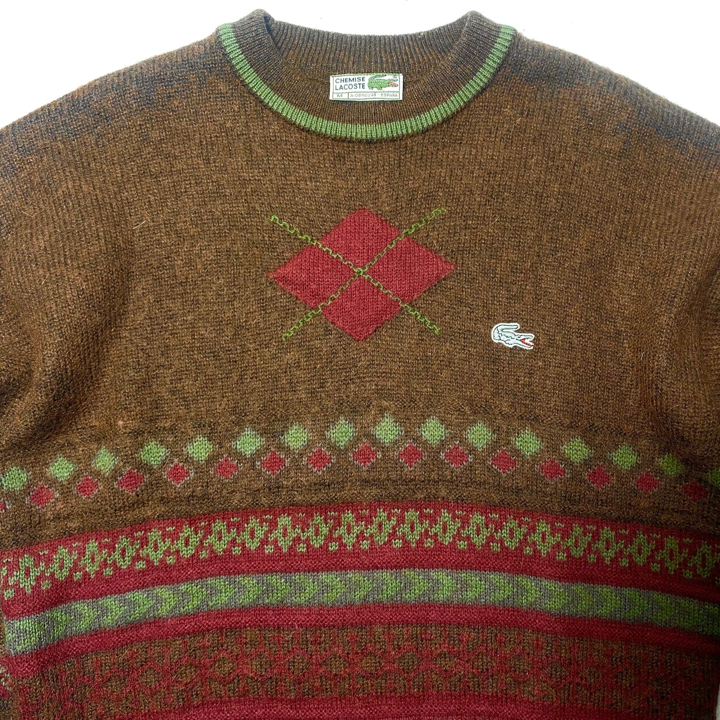Lacoste vintage brown / burgundy geometrical motif mohair / wool pullover, mint condition.