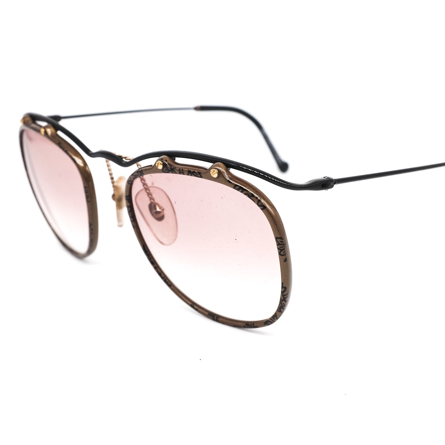 Christian Lacroix 7332 vintage round square sunglasses with black metal cable browline temples and brown acetate rim, 80s nos Germany