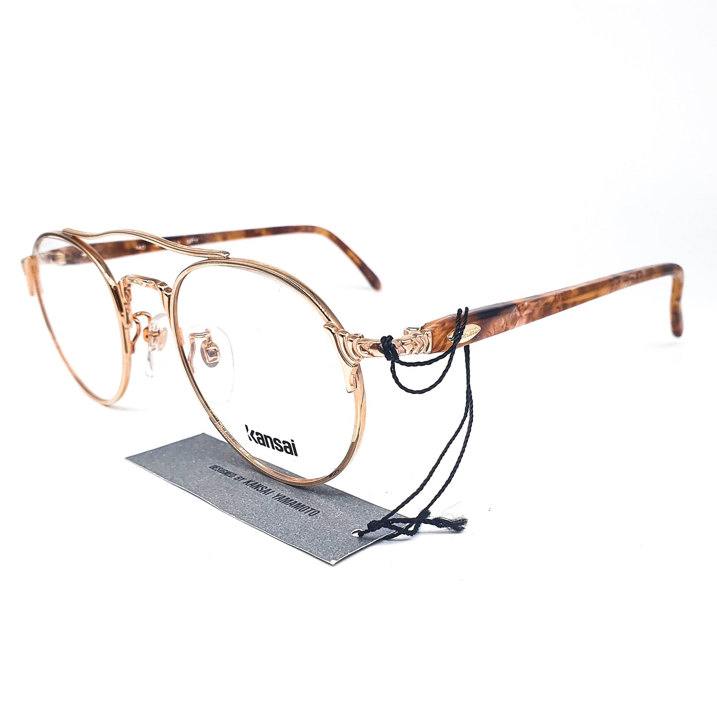Kansai KY057V minimalist round golden metallic aviator eyeglasses with acetate tortoise temples made in Japan, 1980s NOS