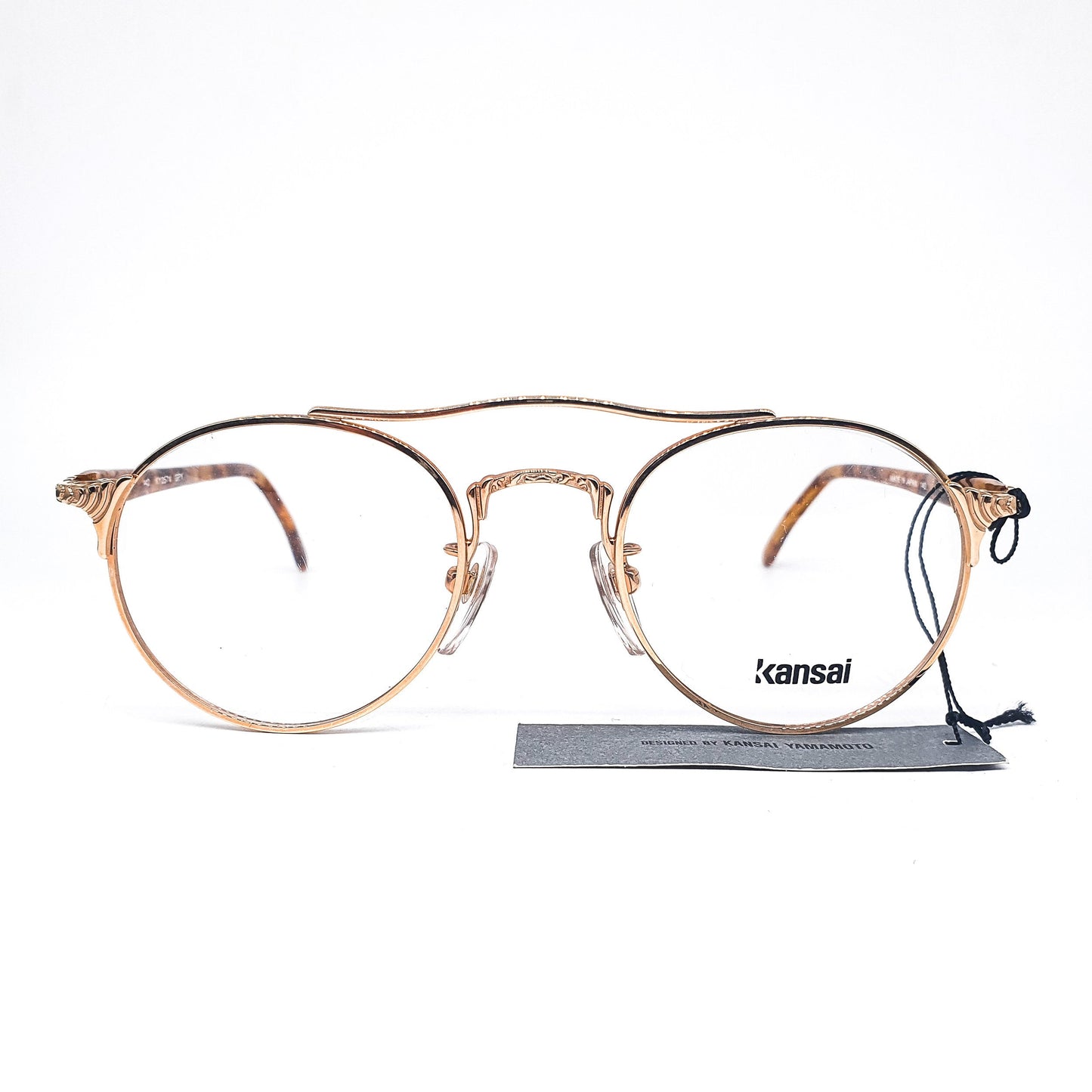 Kansai KY057V minimalist round golden metallic aviator eyeglasses with acetate tortoise temples made in Japan, 1980s NOS