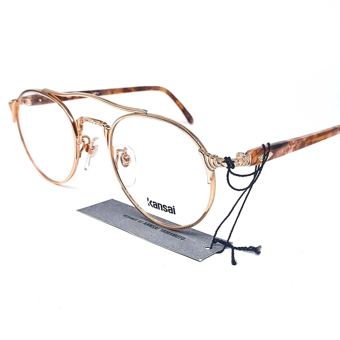 Kansai KY057V minimalist round golden metallic aviator eyeglasses with acetate tortoise temples made in Japan, 1980s NOS
