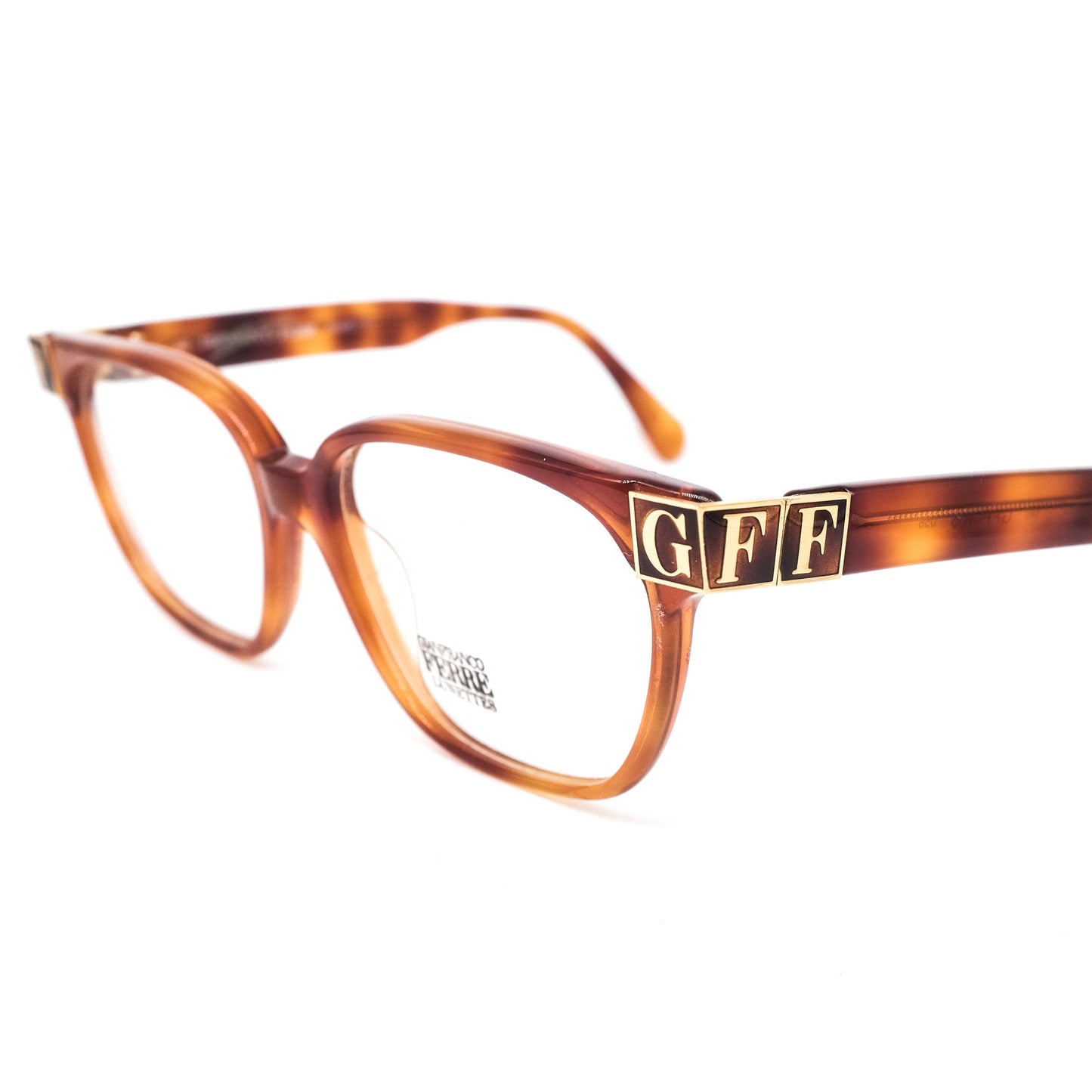 Gianfranco Ferré gff105 square brown tortoise eyeglasses frames with huge branding details hand made in Italy, 1980s nos