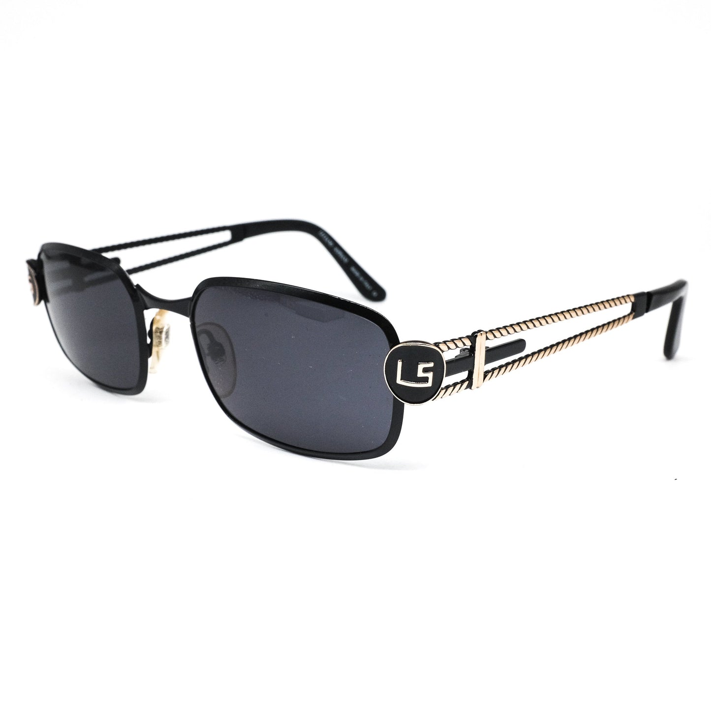 Luciano Soprani LS203 square metallic sunglasses with black rim and golden carved temples NOS made in italy 80s