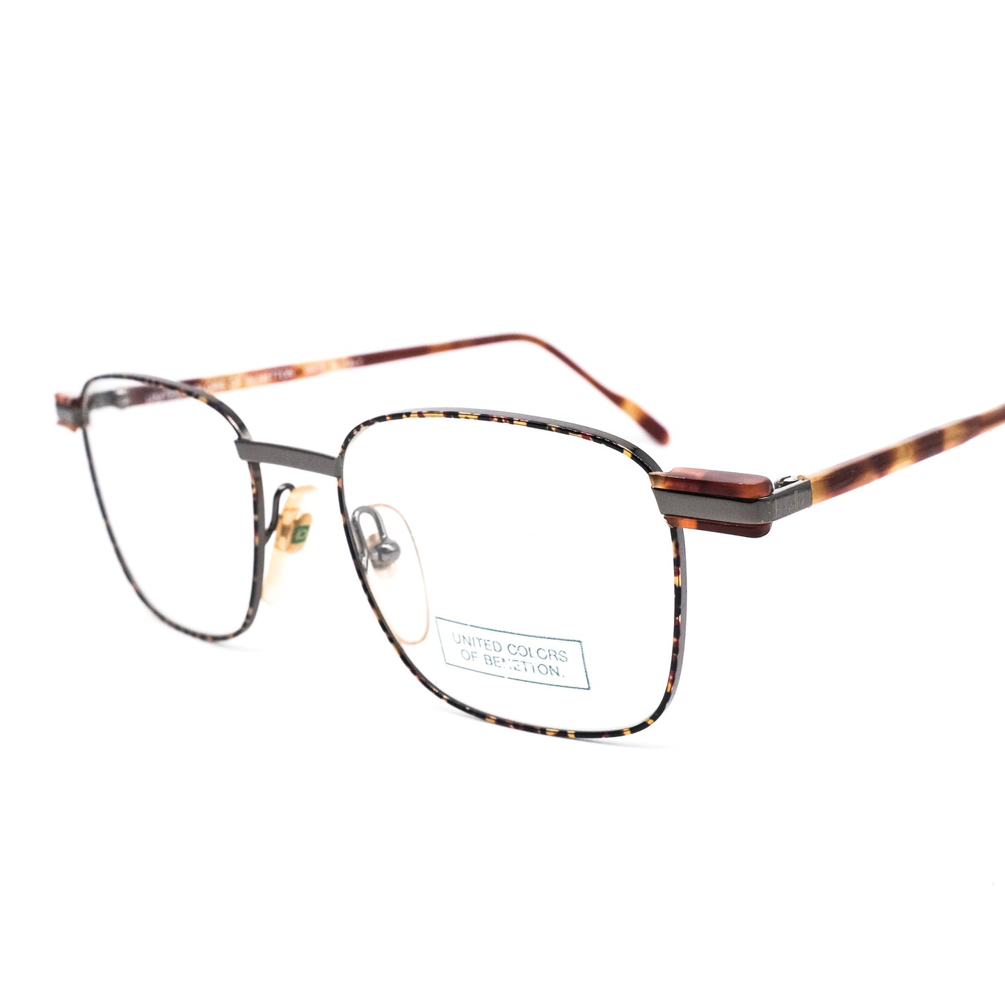 United Colors of Benetton Nimes 13 rare square slim metallic eyeglasses frames in brown tortoise finishing, 1980's NOS Italy