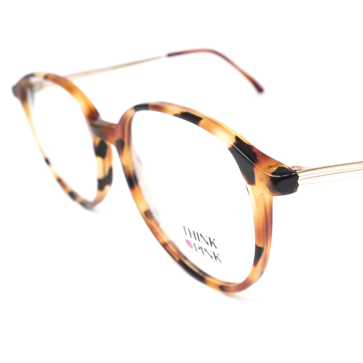 Think Pink TK523 vintage brown tortoise acetate round pantos style cello eyeglasses with golden temples, 1980s NOS