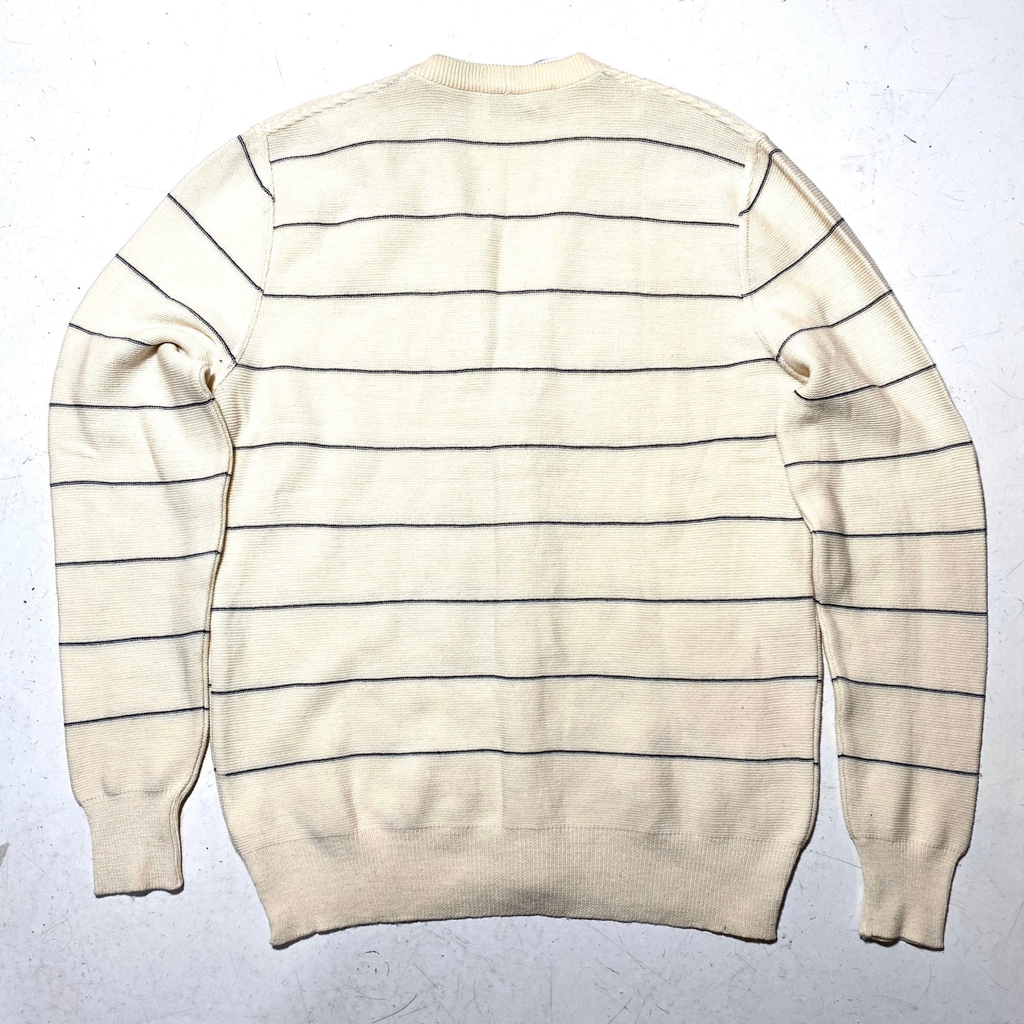 Ted Lapidus Paris pure merino wool ecru cardigan with navy blue horizontal stripes, NWT 80s