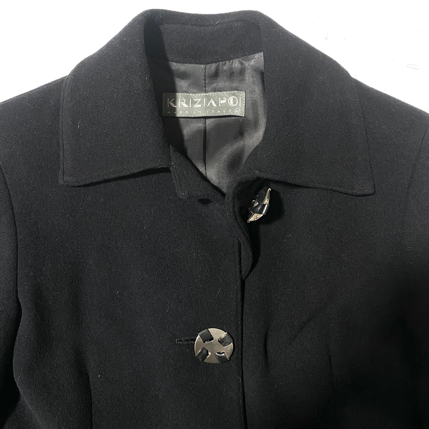 Krizia Poi vintage ladies black wool/cashmere blend coat with jewel buttons, mint condition
