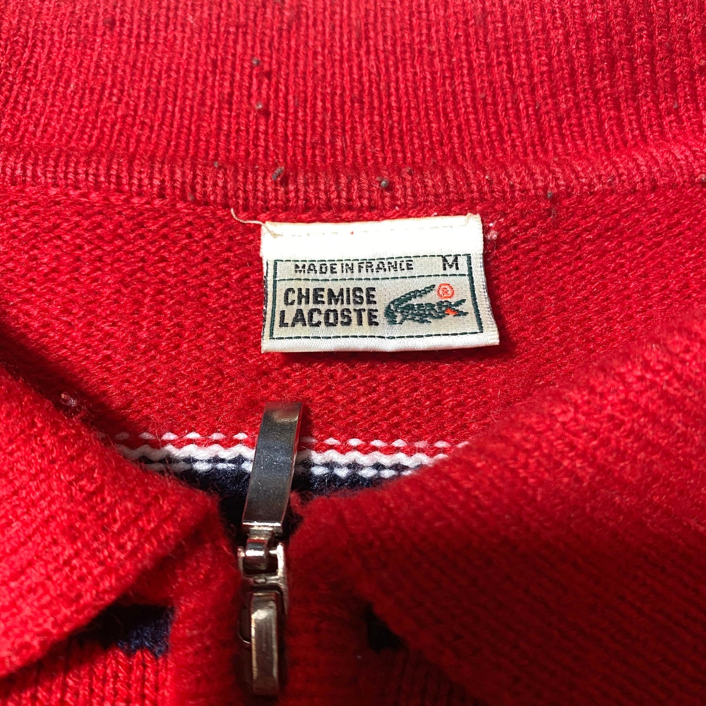 Lacoste red / navy/ white horizontal striped mariner style pullover with zip up collar, 80s France mint