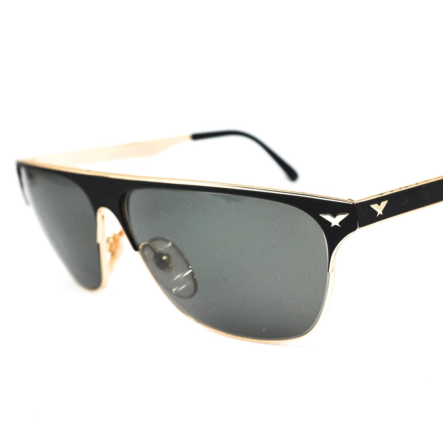 Vogart by Police m1026 trapezoid golden metallic sunglasses in black with flat browline, 1980s NOS Italy