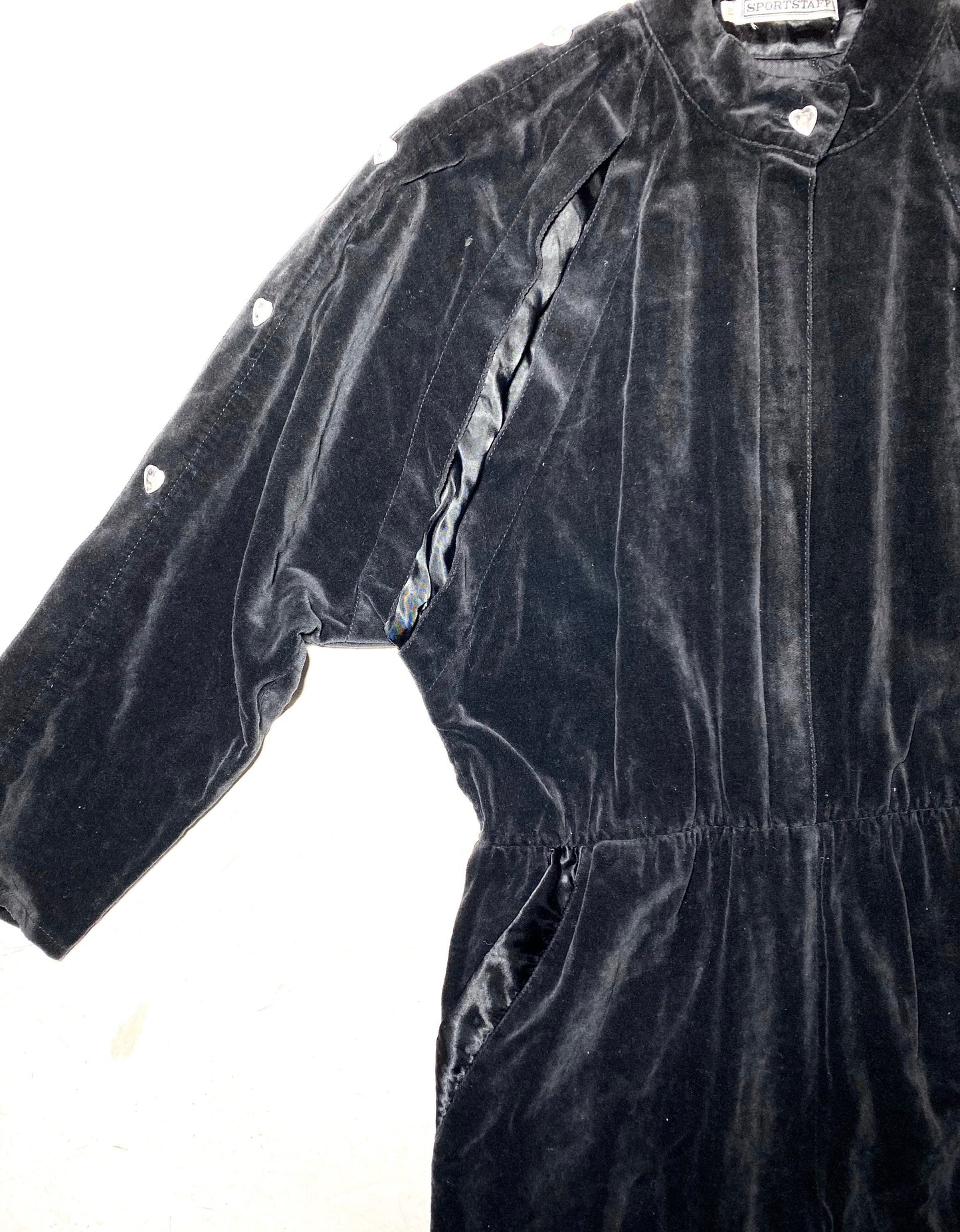 Sportstaff coolest black velvet & silk winter jumpsuit with heart crystal buttons, great condition