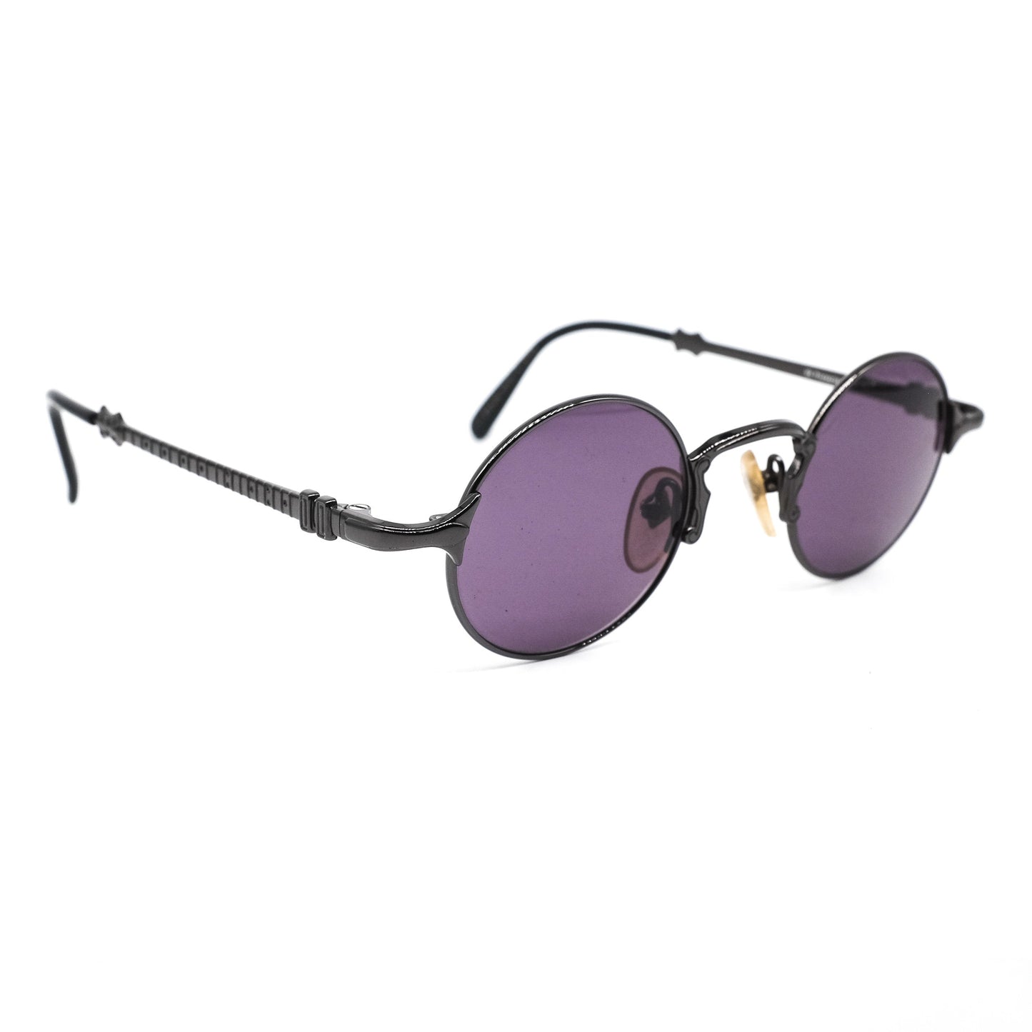 Junior Gaultier 57-4175 vintage Victorian steampunk style round sunglasses in glossy black metal, mint condition Made in Japan