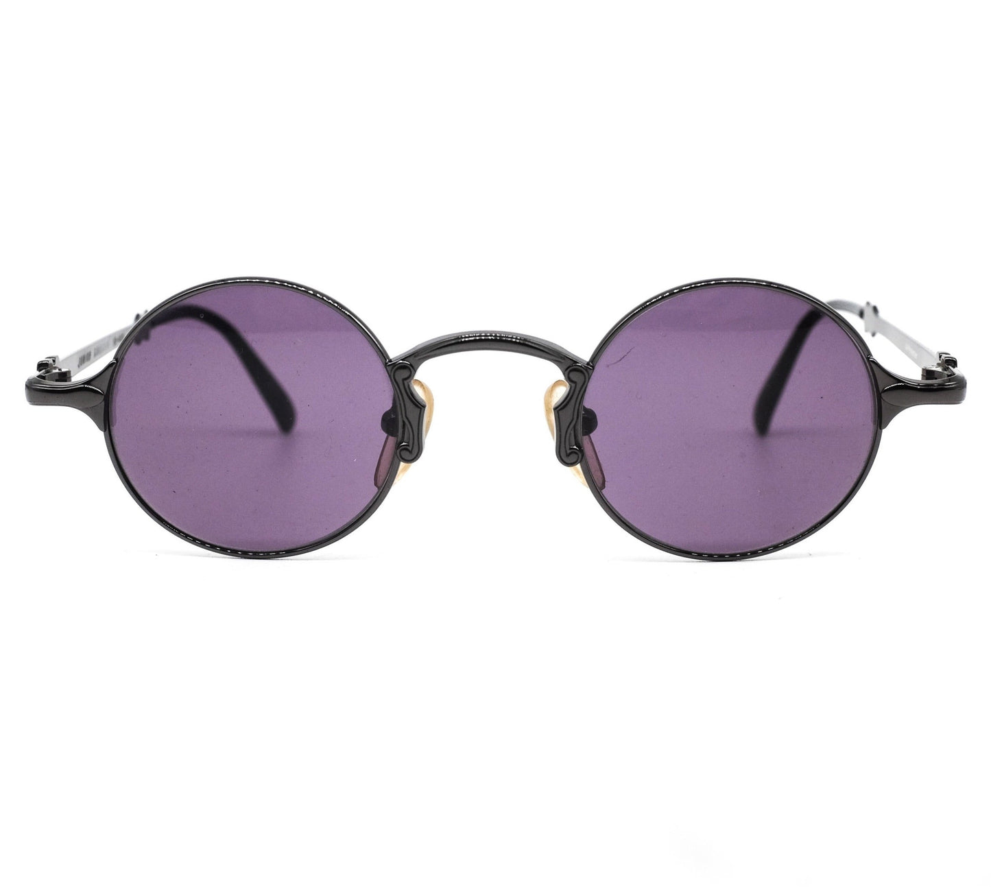 Junior Gaultier 57-4175 vintage Victorian steampunk style round sunglasses in glossy black metal, mint condition Made in Japan