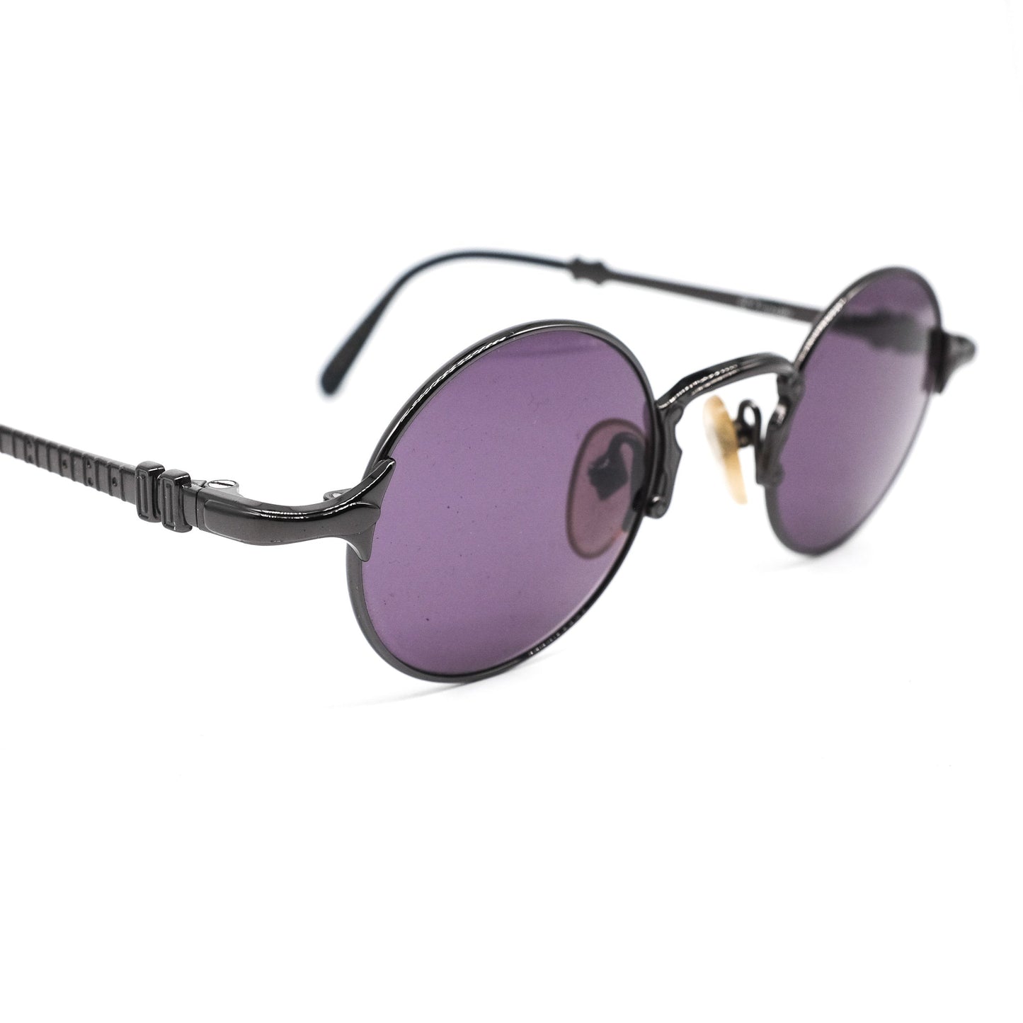 Junior Gaultier 57-4175 vintage Victorian steampunk style round sunglasses in glossy black metal, mint condition Made in Japan