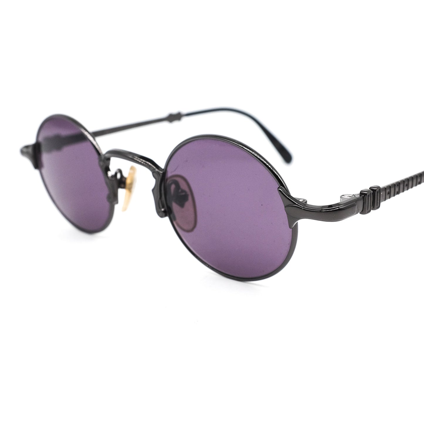 Junior Gaultier 57-4175 vintage Victorian steampunk style round sunglasses in glossy black metal, mint condition Made in Japan