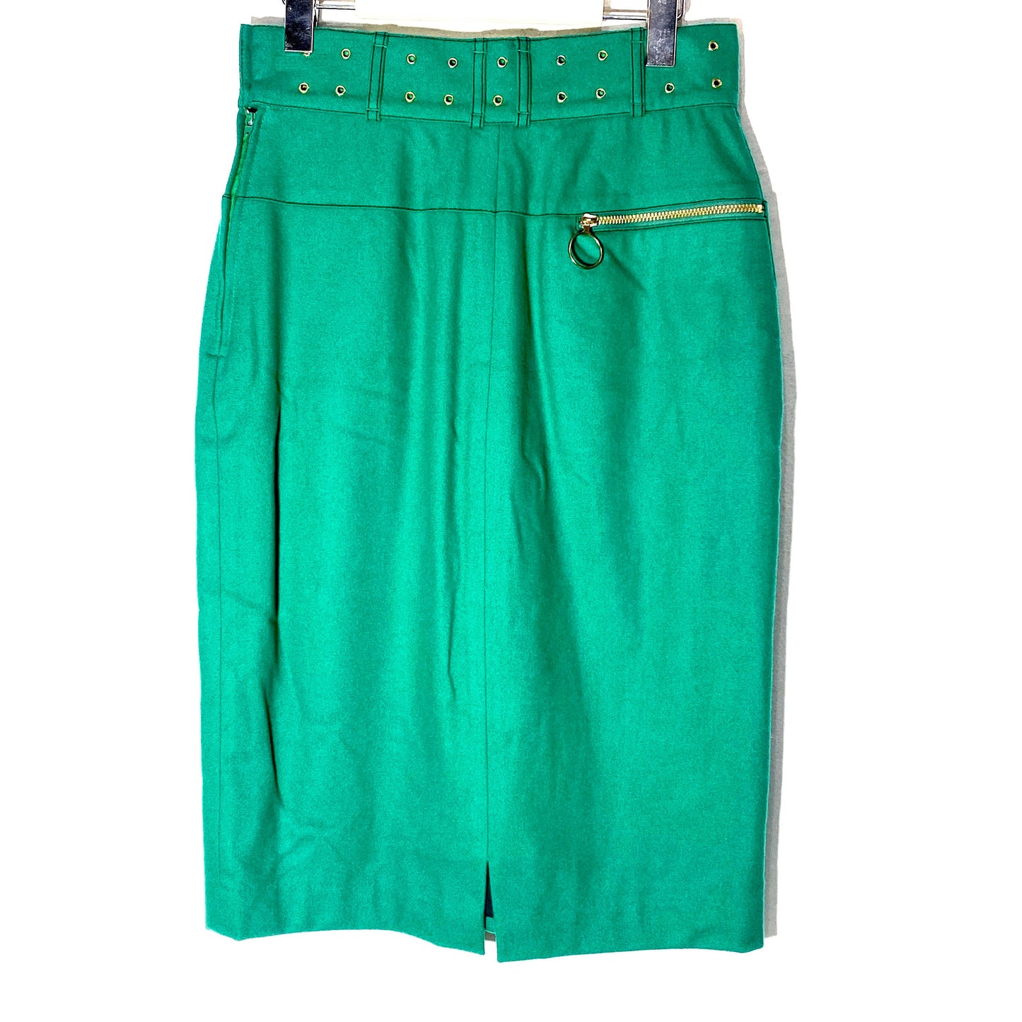 Ferrè Oaks vintage green wool skirt with golden cutoff studs and rocking zipper pocket, 90s NOS