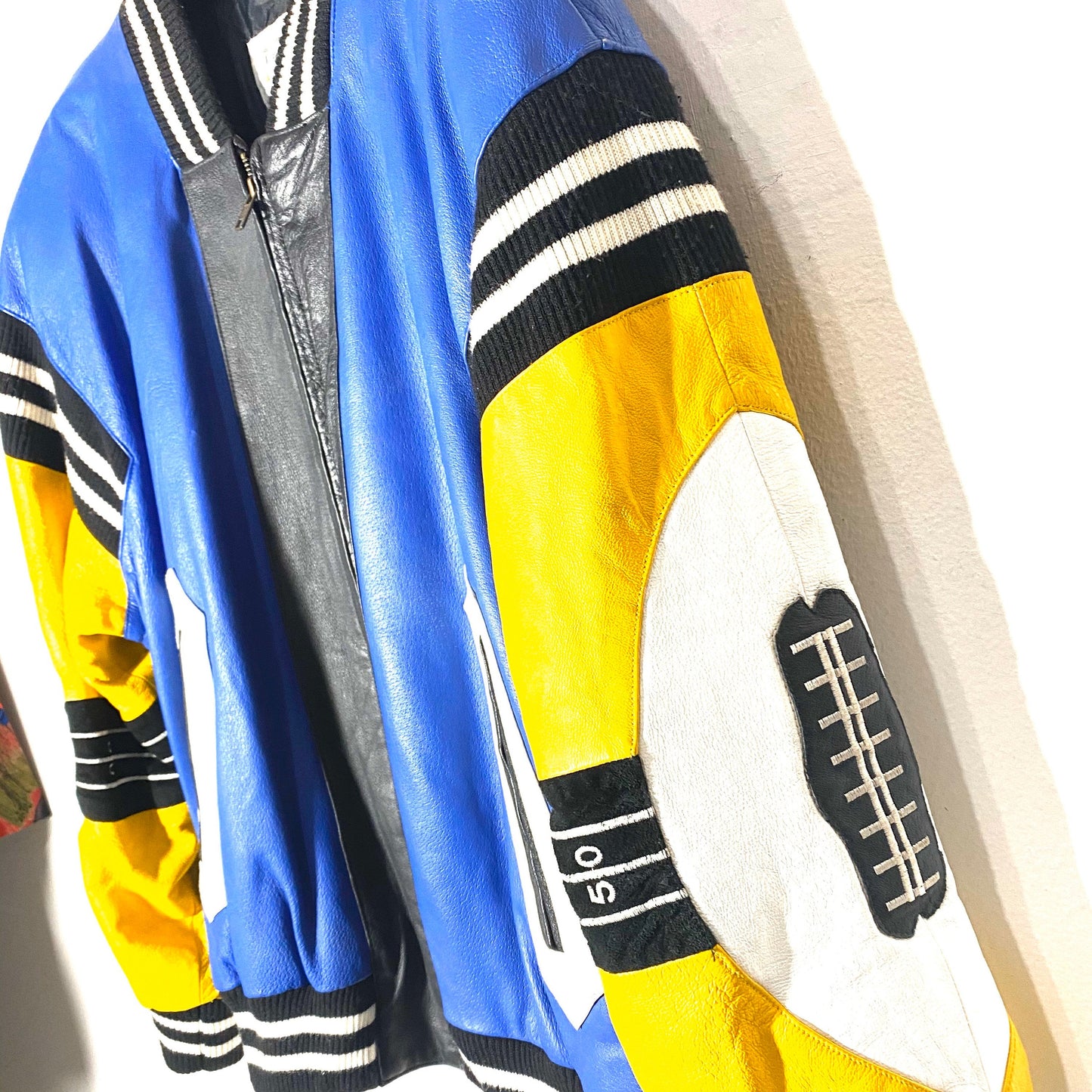 Leather varsity bomber jacket with outstanding American Footbal themed details, Minty 80s USA