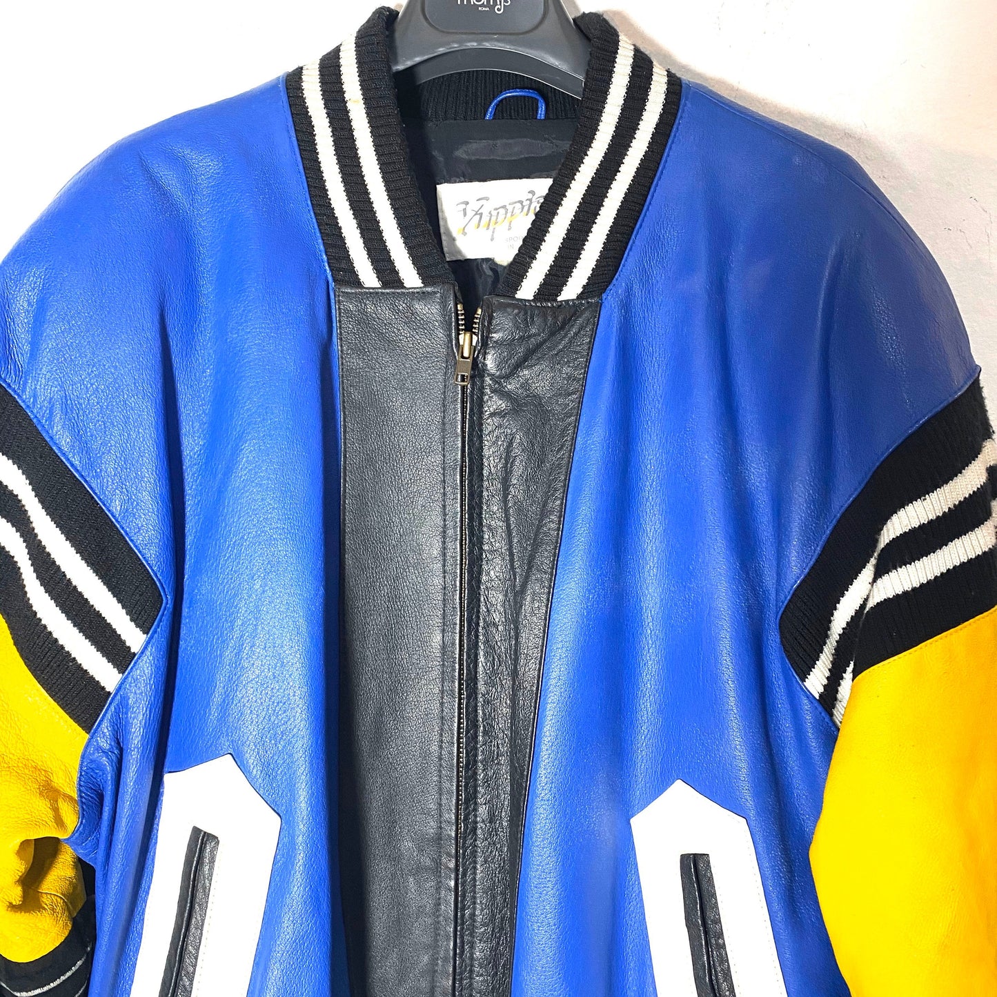Leather varsity bomber jacket with outstanding American Footbal themed details, Minty 80s USA