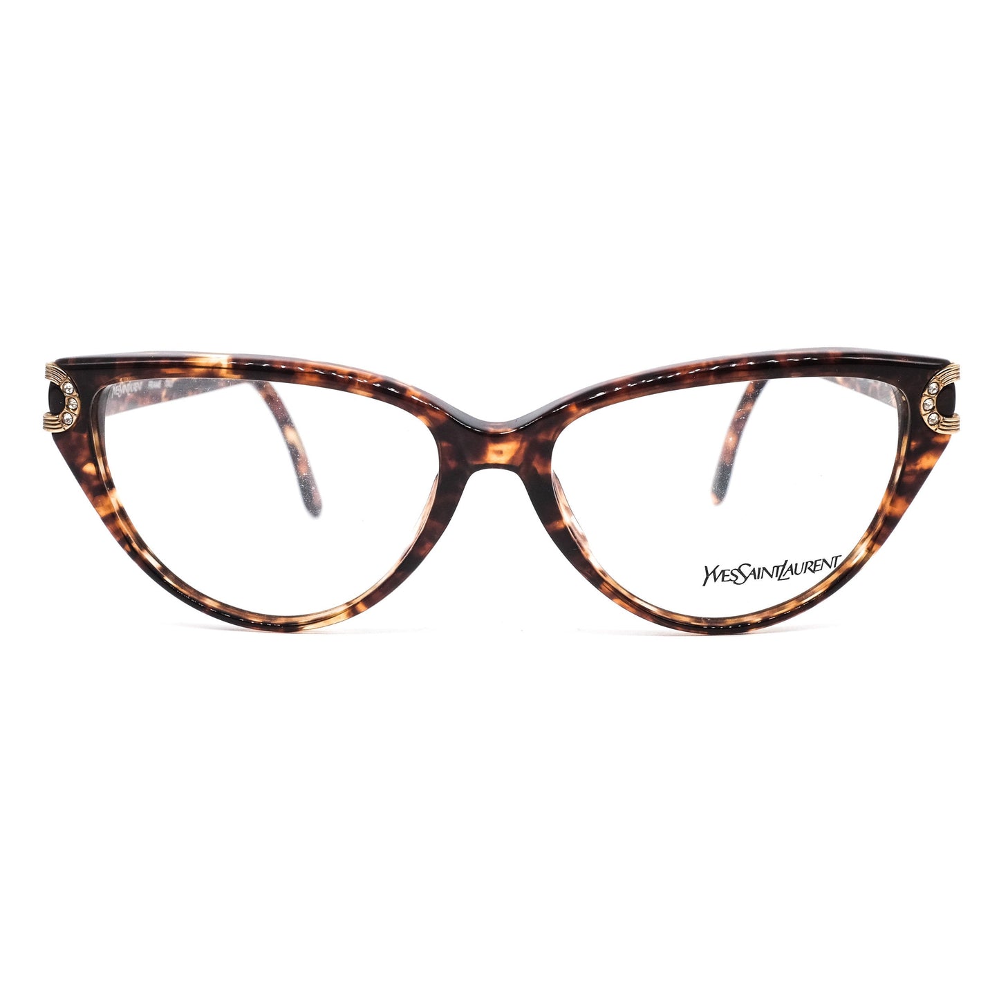 YSL Saint Laurent 5006 brown tortoise acetate cateye eyeglasses with cut off hinges design enriched with rhinestones, 80s nos Italy