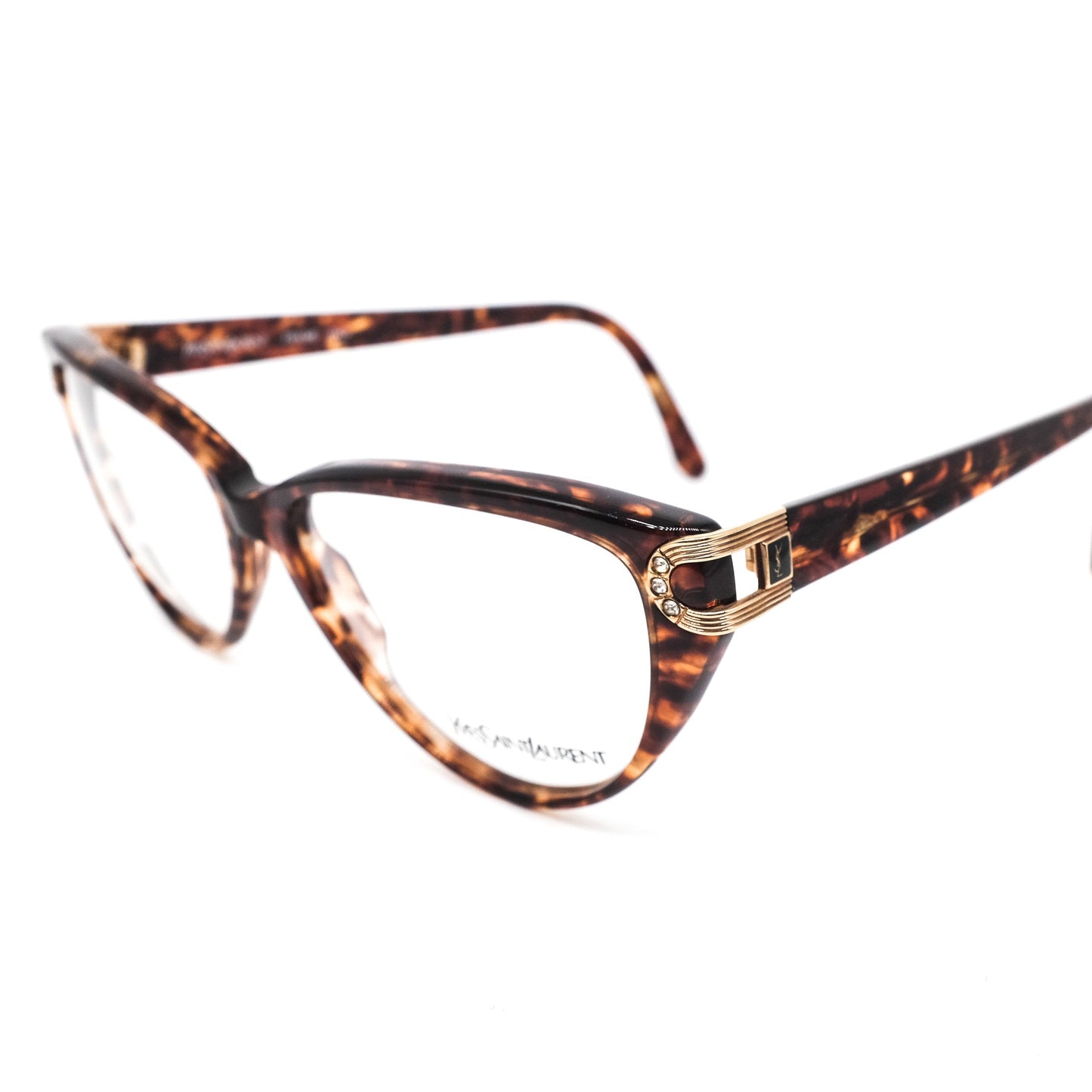 YSL Saint Laurent 5006 brown tortoise acetate cateye eyeglasses with cut off hinges design enriched with rhinestones, 80s nos Italy