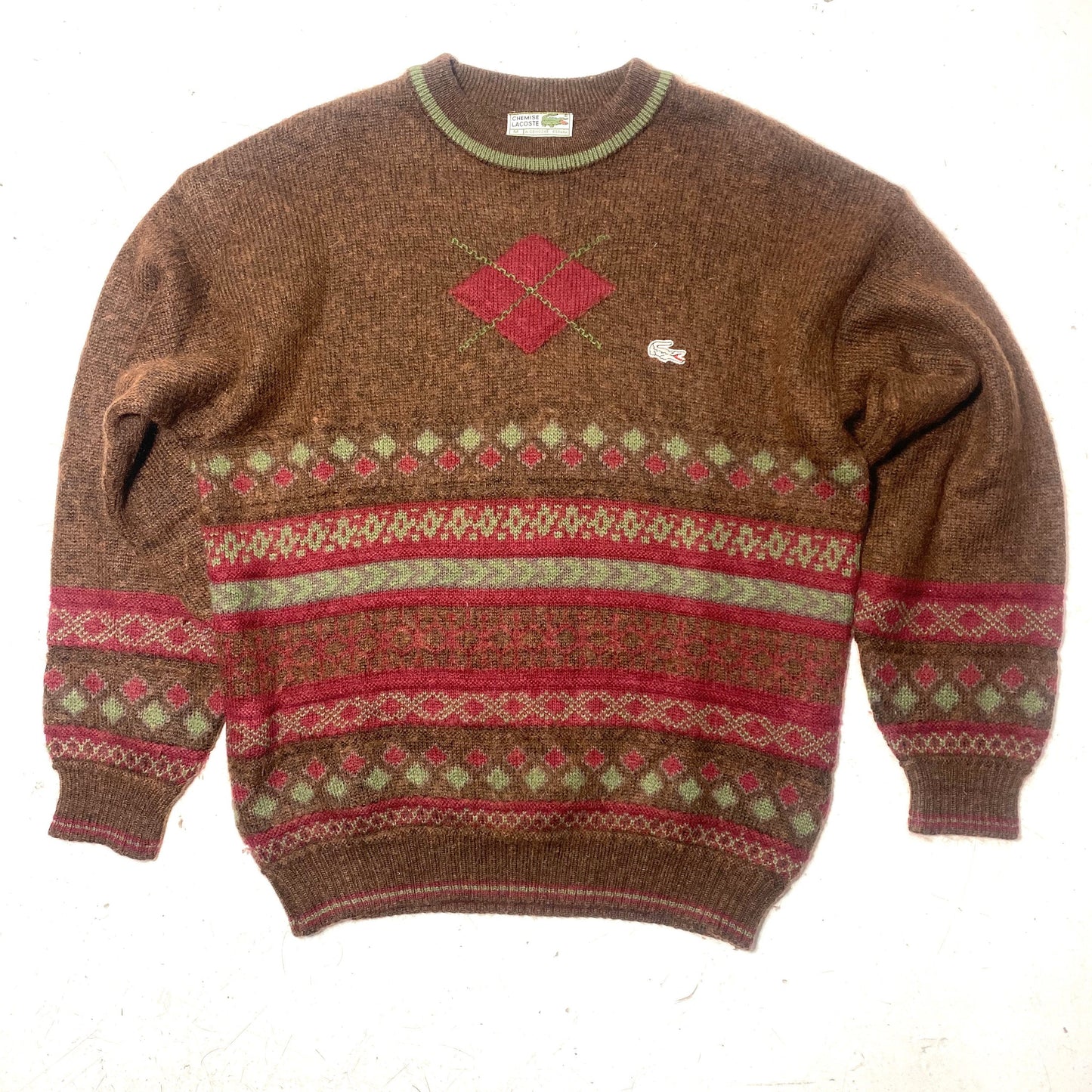 Lacoste vintage brown / burgundy geometrical motif mohair / wool pullover, mint condition.