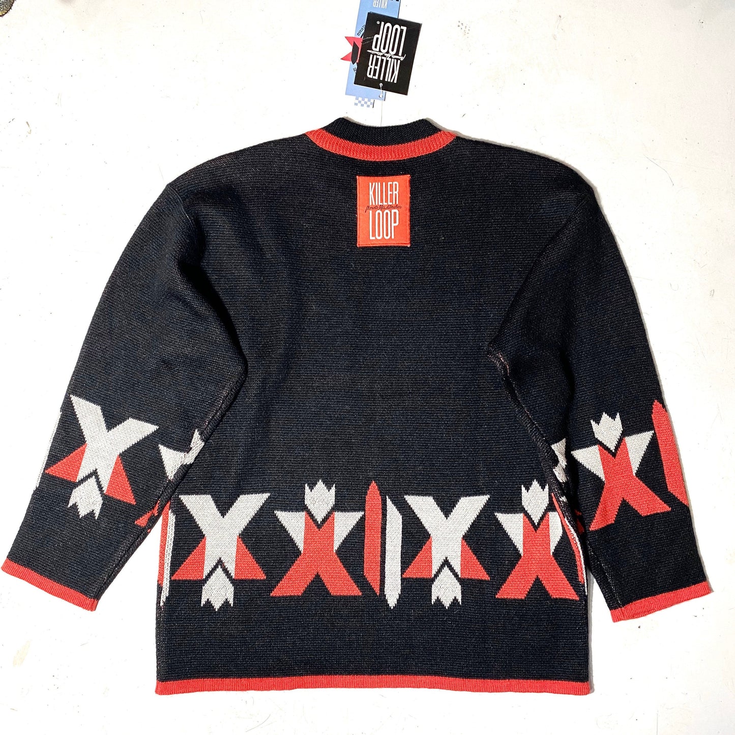Killer Loop nos hip oversize fit black sweater with white/red Navajo/ geometrical motifs, 90s NWT